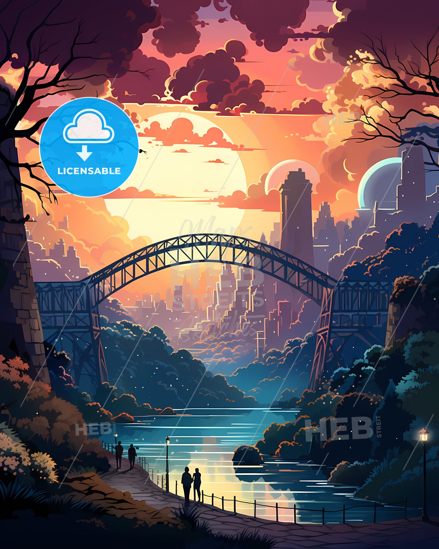 Ermesinde, Portugal, a bridge over a river with trees and a sunset