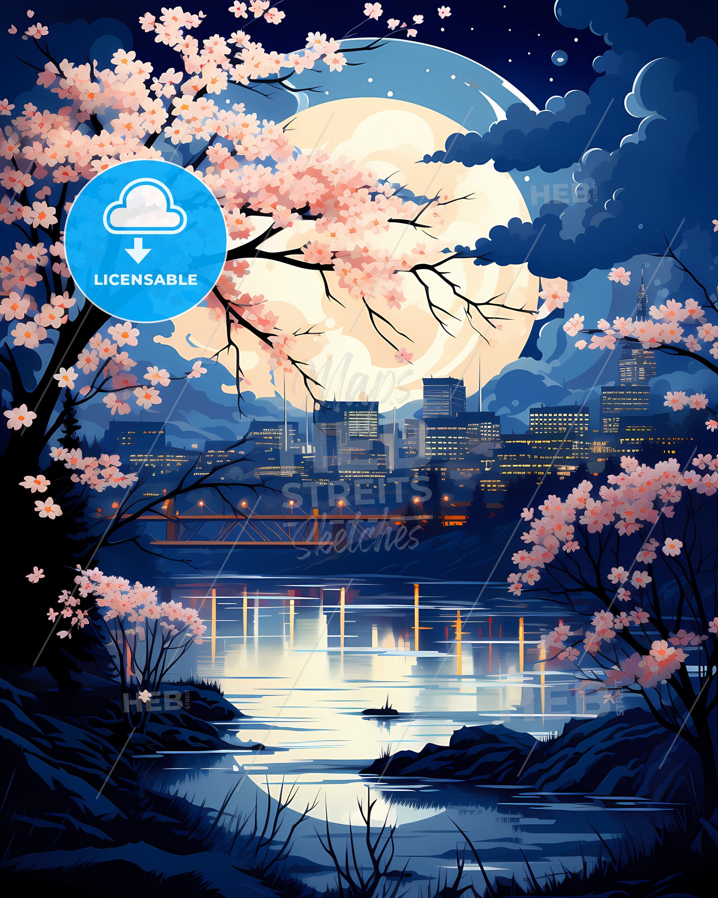 Huntsville, Alabama, a full moon over a city