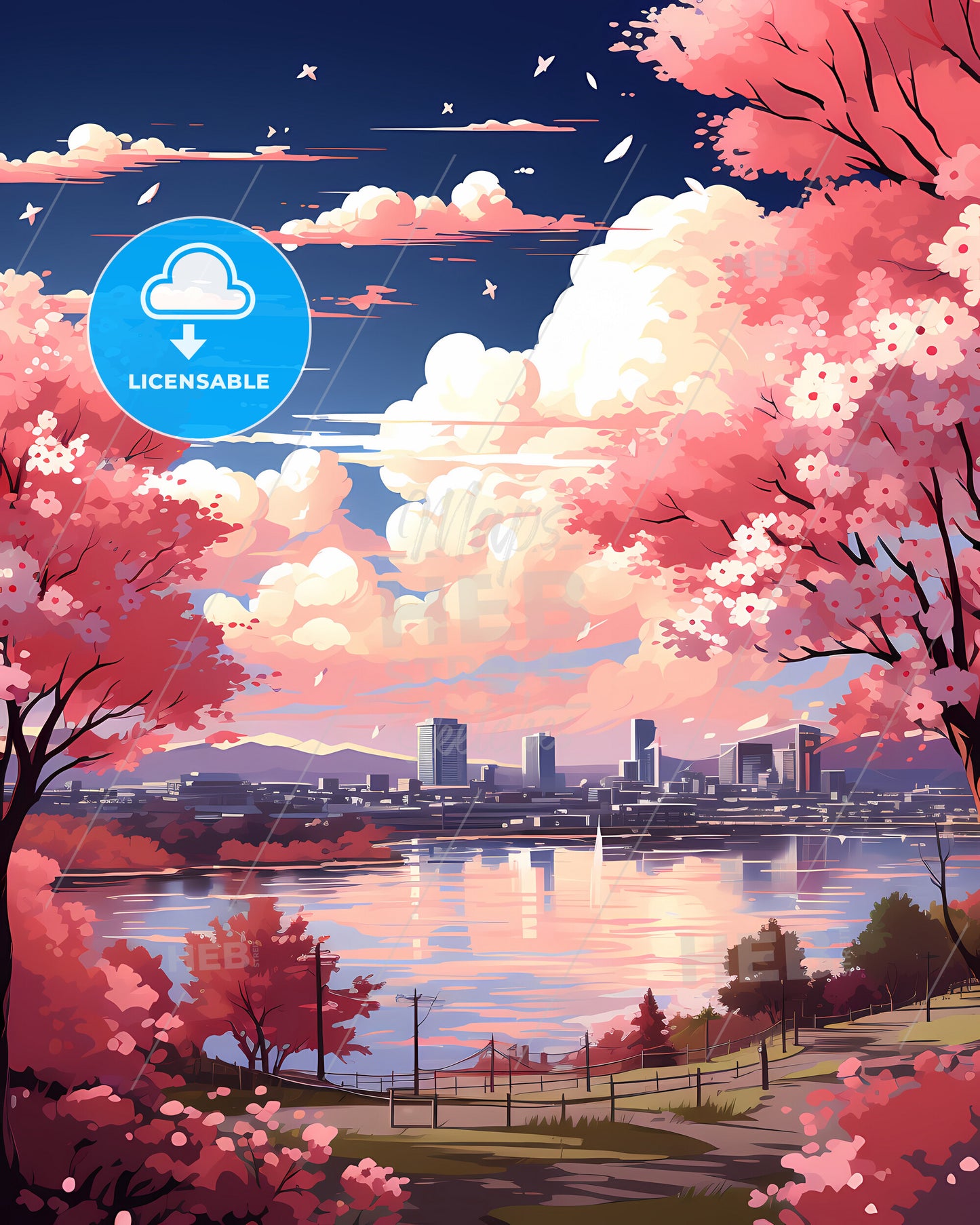 Port Orange, Florida, a pink trees with pink flowers and a city in the background