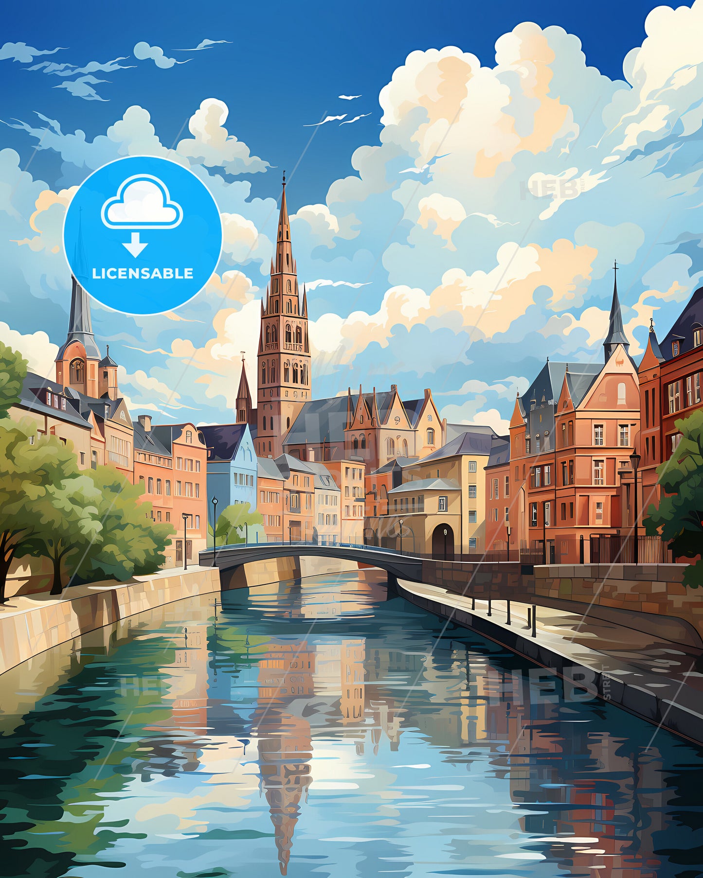 Heerlen, Netherlands, a water canal with a bridge and buildings