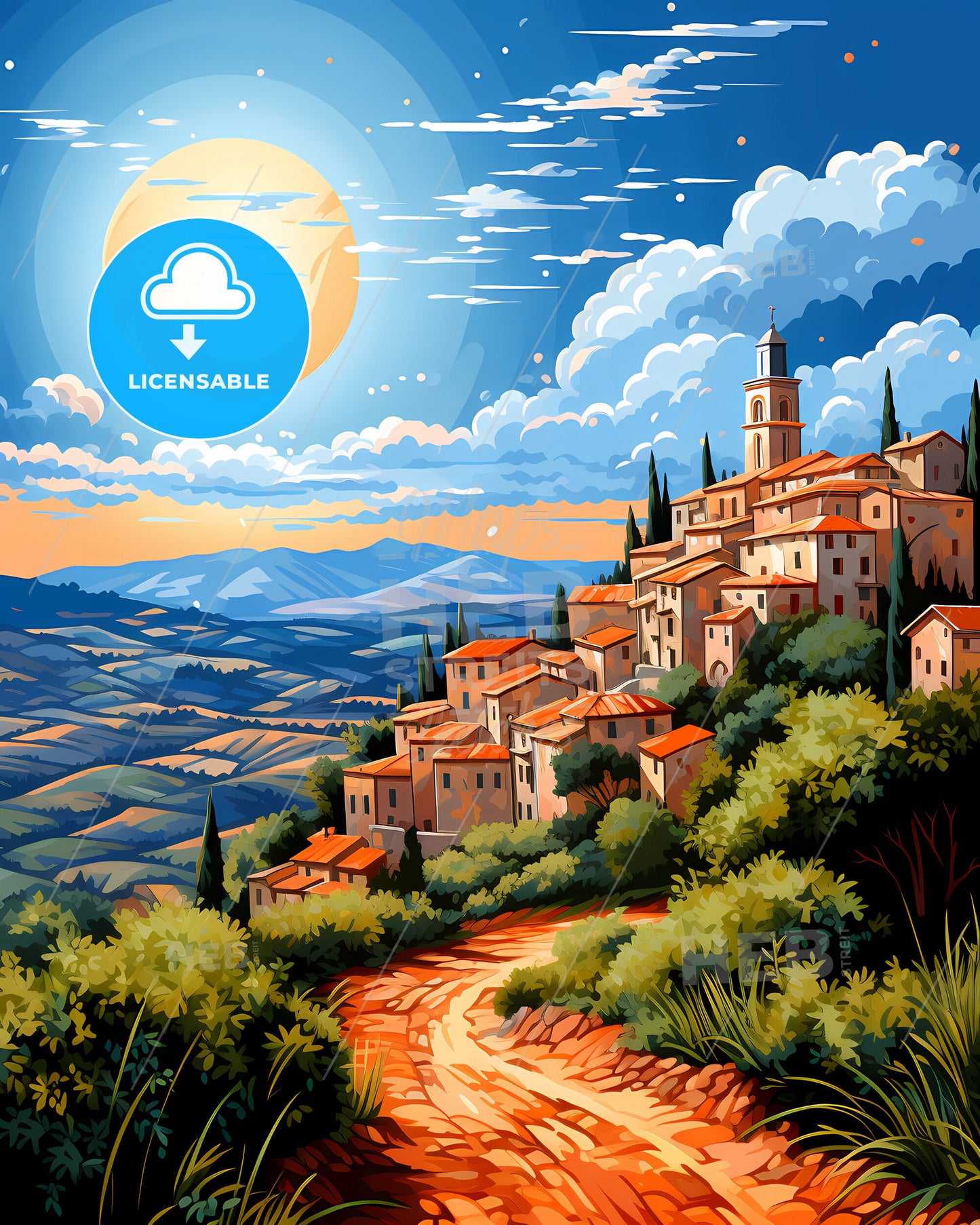 Pescara, Italy, a painting of a town on a hill