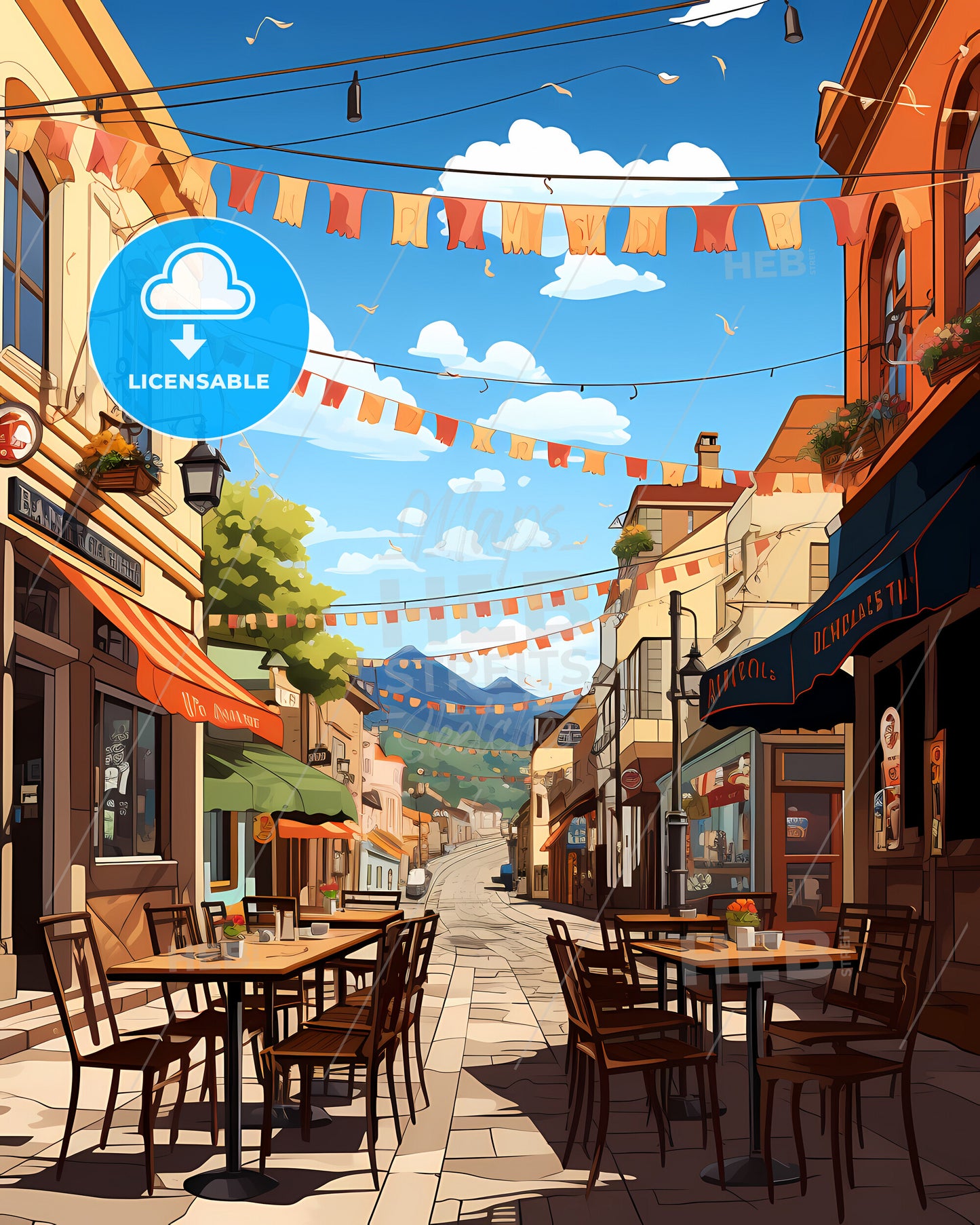 Kristiansand, Norway, a street with tables and chairs