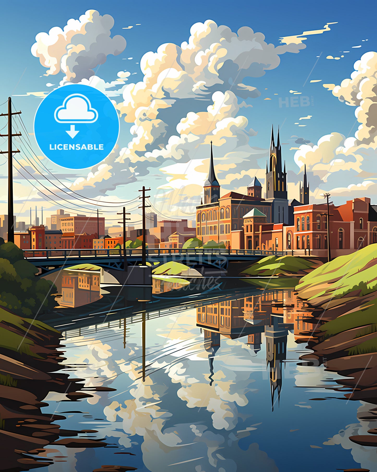 Montgomery, Alabama, a painting of a city with a bridge over a river