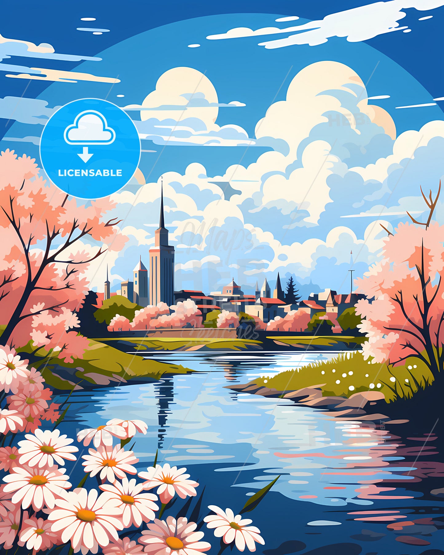 Idaho Falls, Idaho, a river with pink flowers and a city in the background