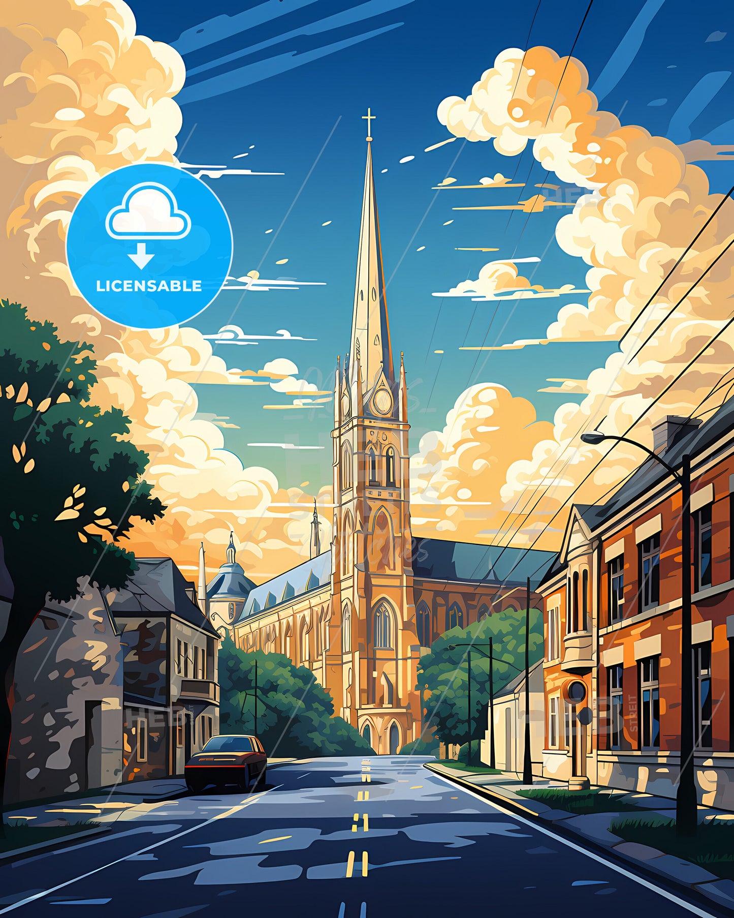 Drogheda, County Louth & County Meath, a street with a church and cars