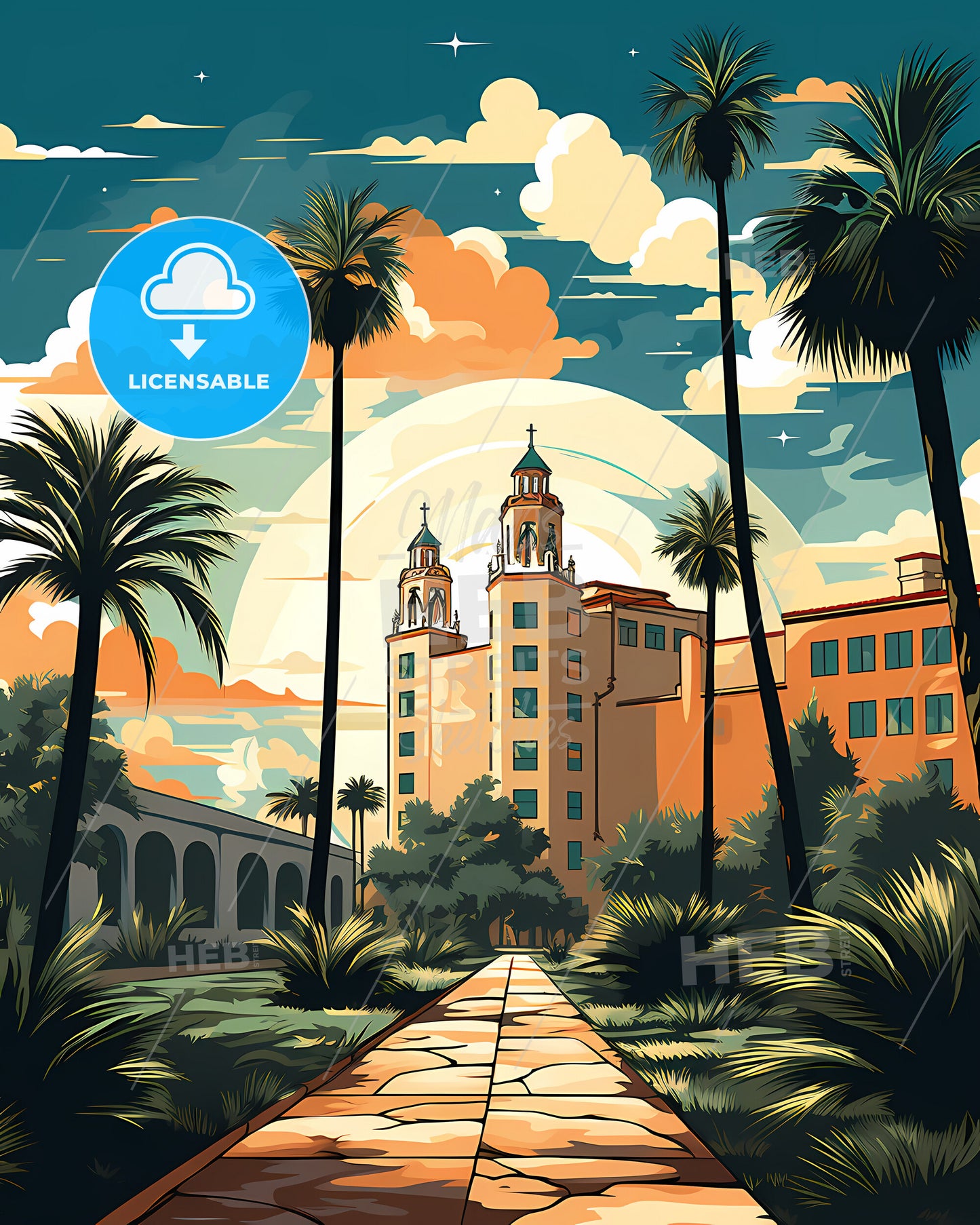 Mcallen, Texas, a building with palm trees and a walkway