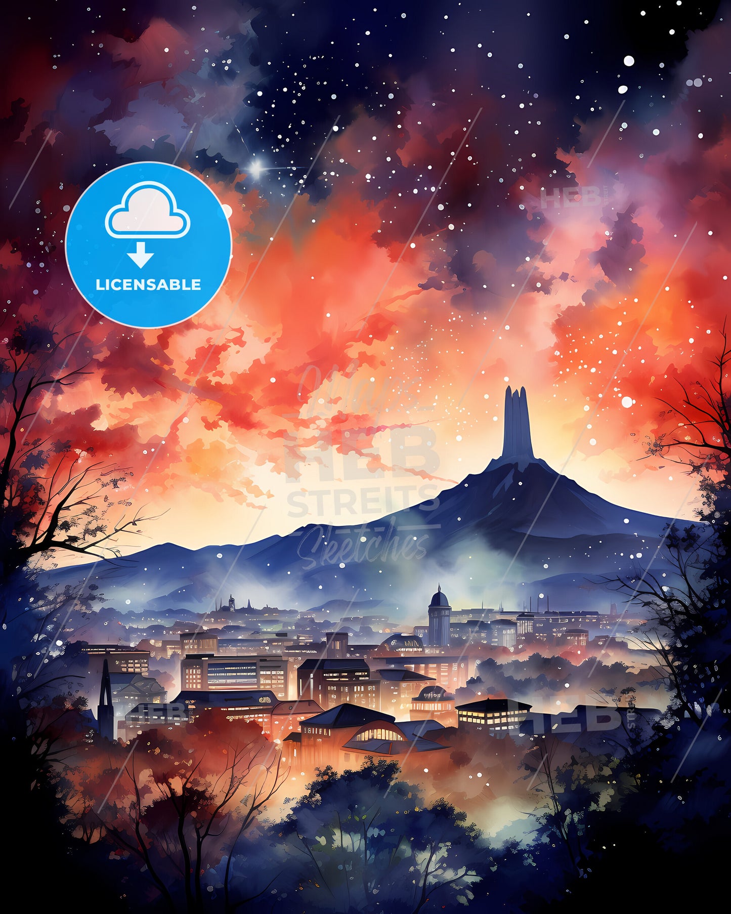 Roanoke, Virginia, a painting of a city with a mountain in the background