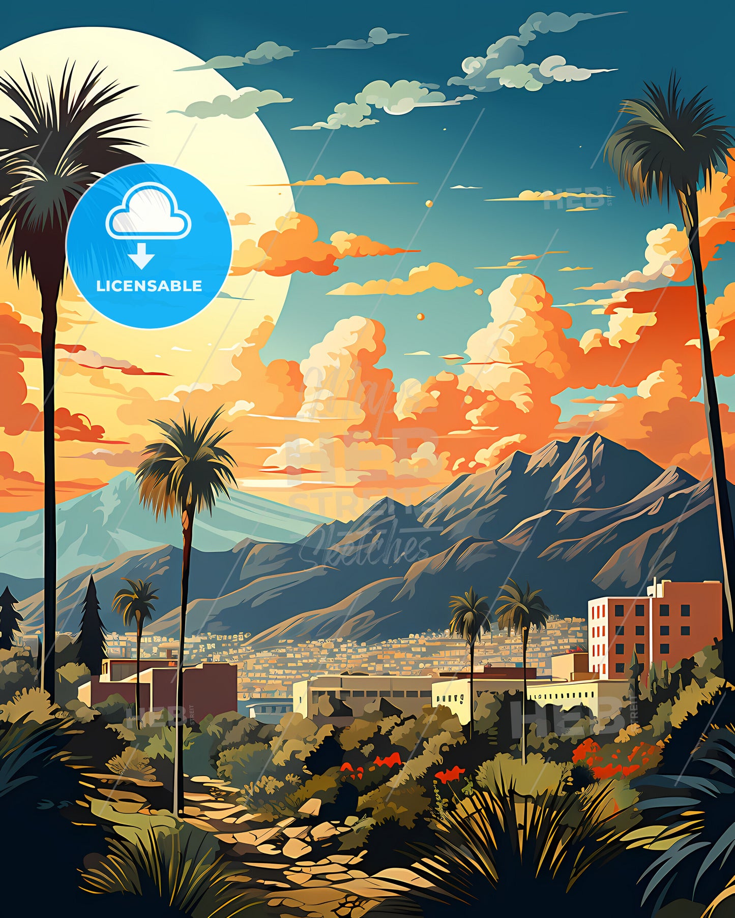 Rancho Cucamonga, California, a landscape of a city with palm trees and mountains