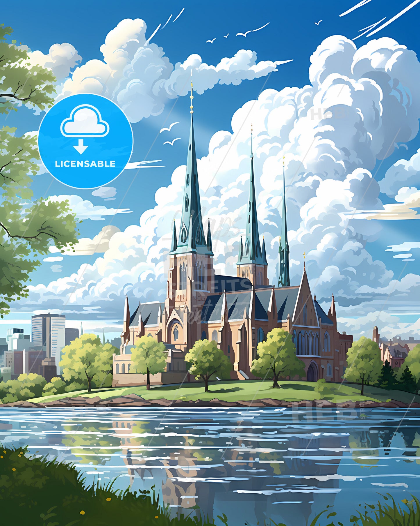 Oslo, Norway, a large building with towers and trees on the side of a lake