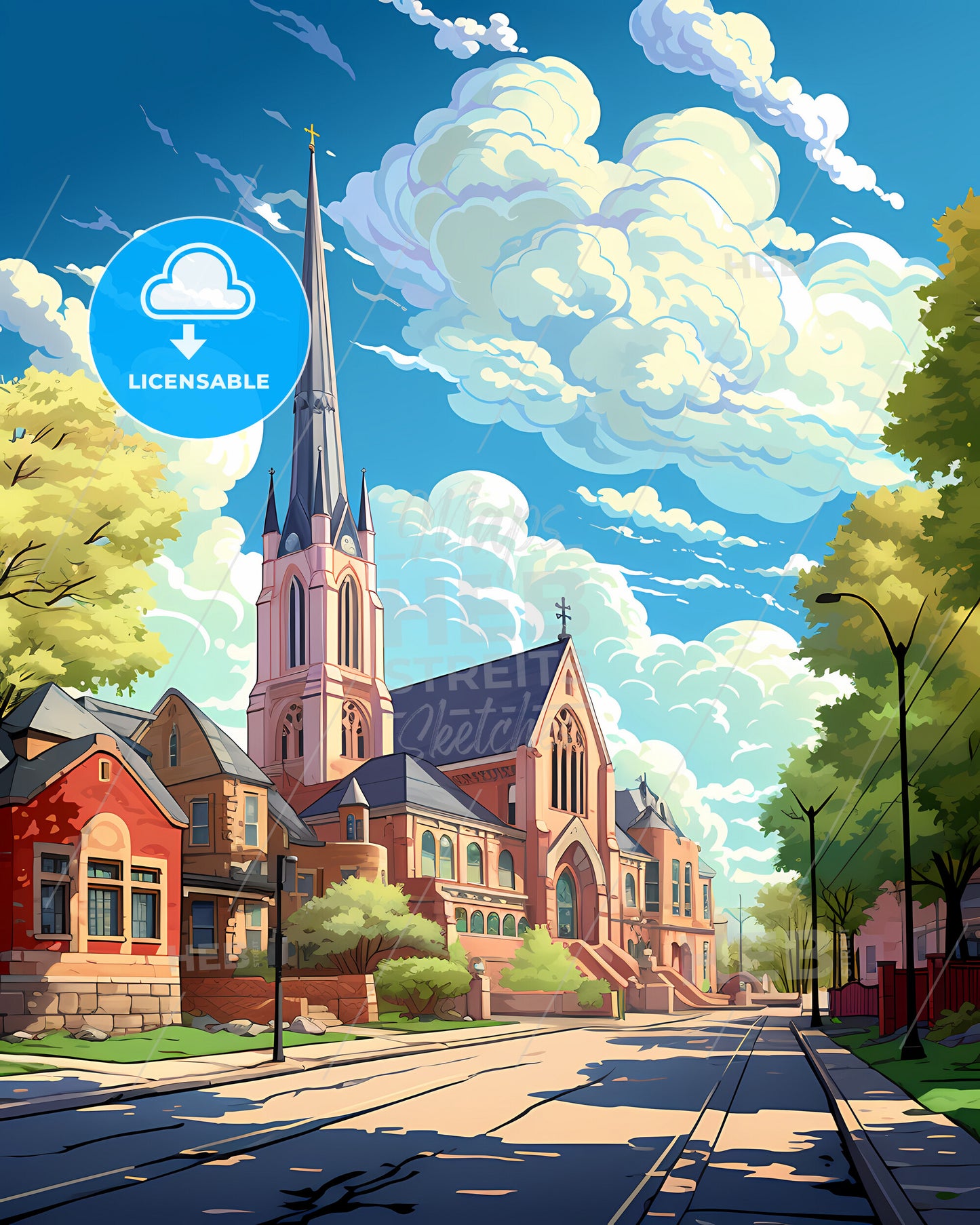 Hammond, Indiana, a church with a steeple and a street in front of it