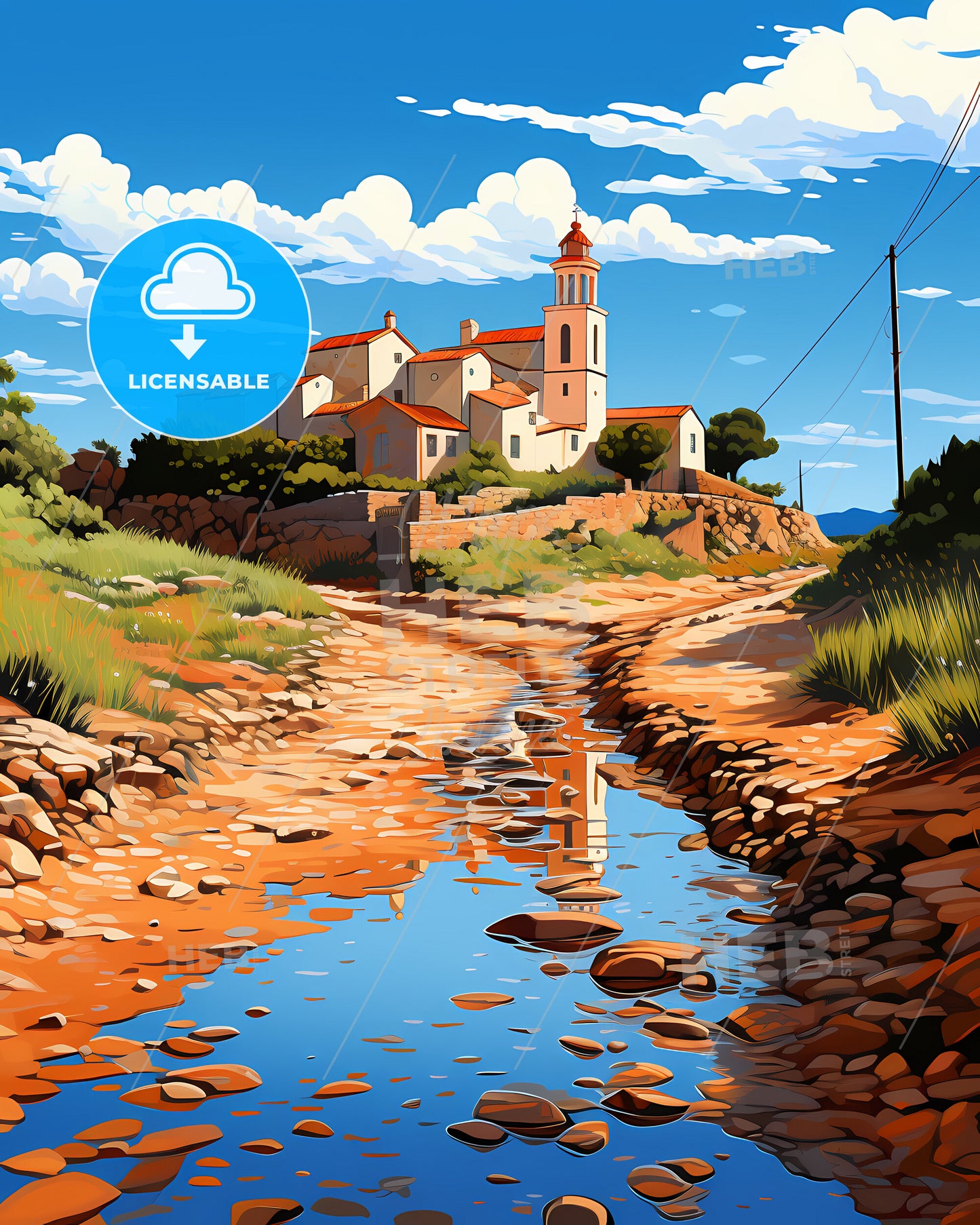 Sassari, Italy, a house on a hill with a stream of water