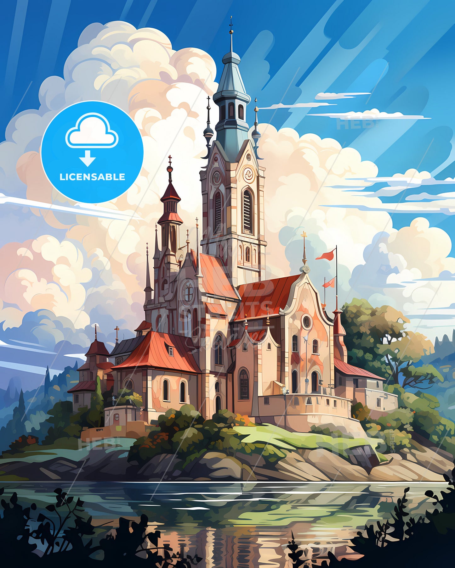 Porto, Portugal, a painting of a castle on a hill