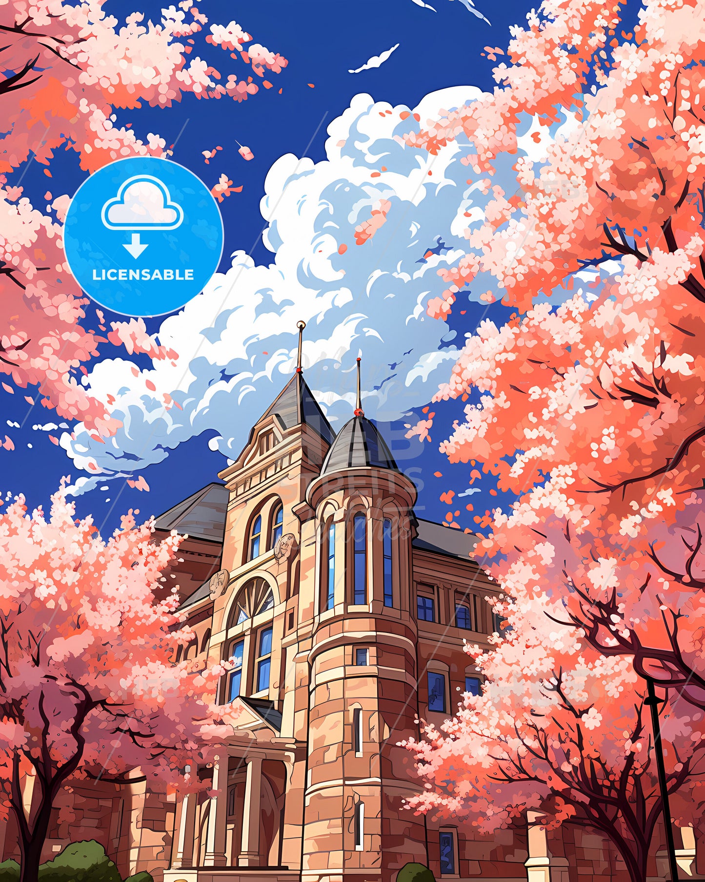 Naperville, Illinois, a building with pink trees and blue sky