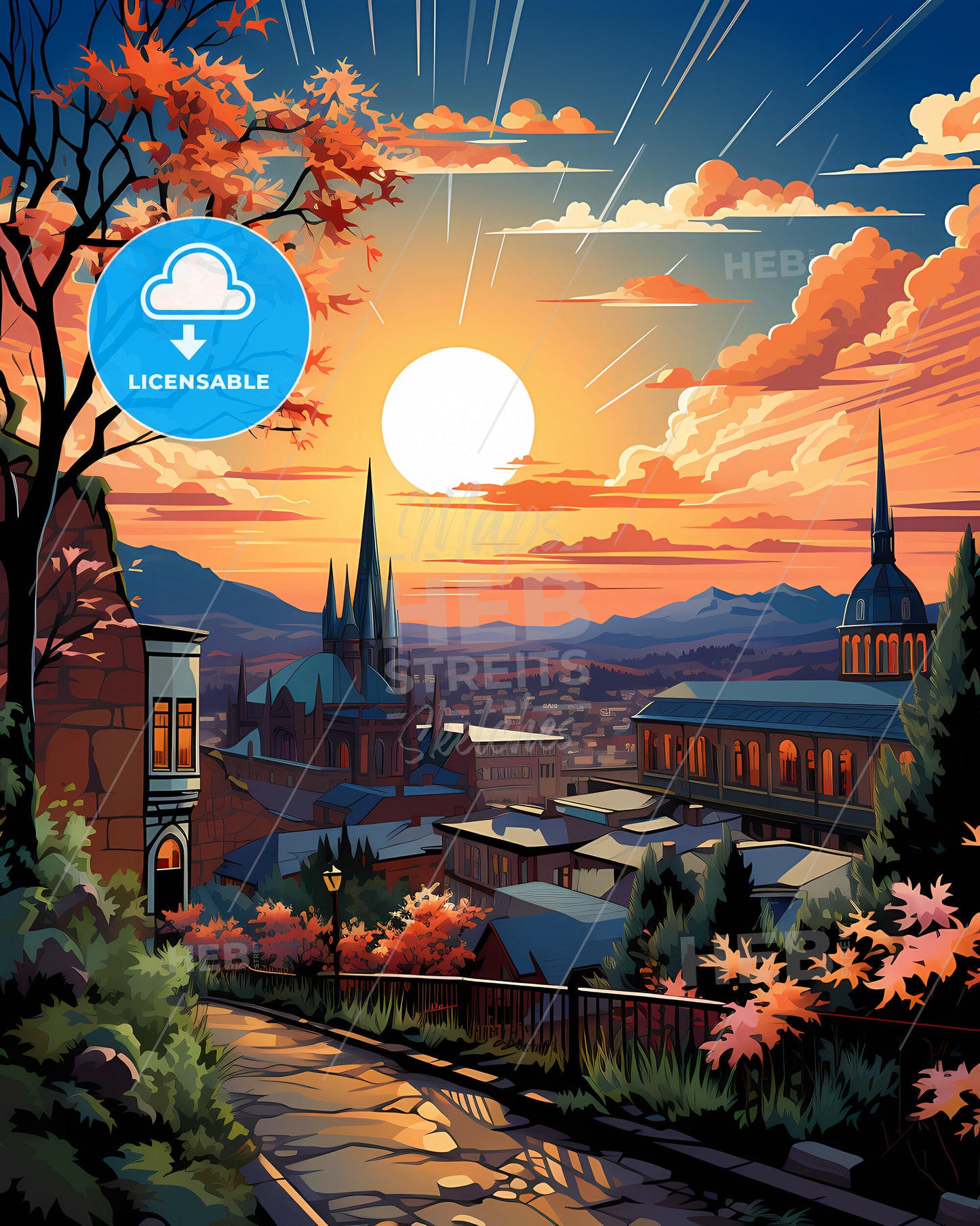 Albany, New York, a colorful sunset over a city