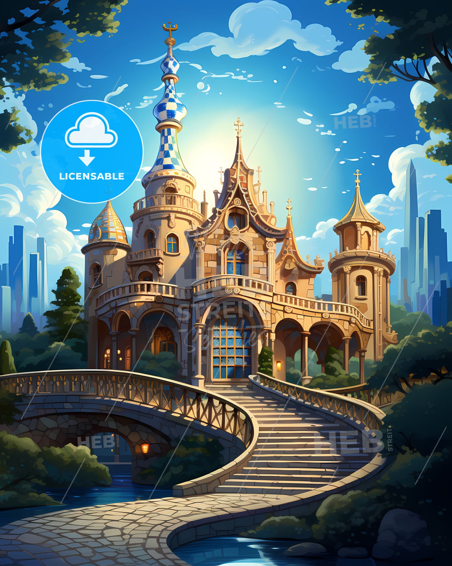 Barcelona, Spain, a castle with a bridge and a bridge