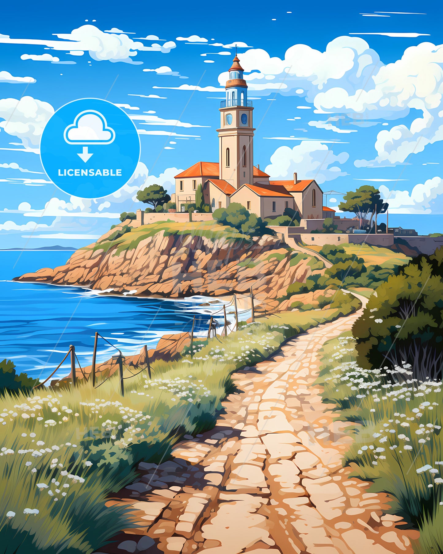 Olbia, Italy, a stone path leading to a building on a hill with a blue sky and water