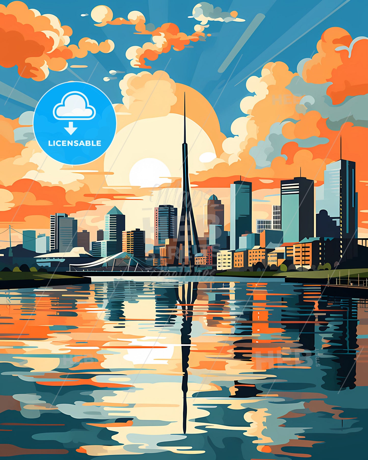 Rotterdam, Netherlands, a city skyline with a body of water and a sunset