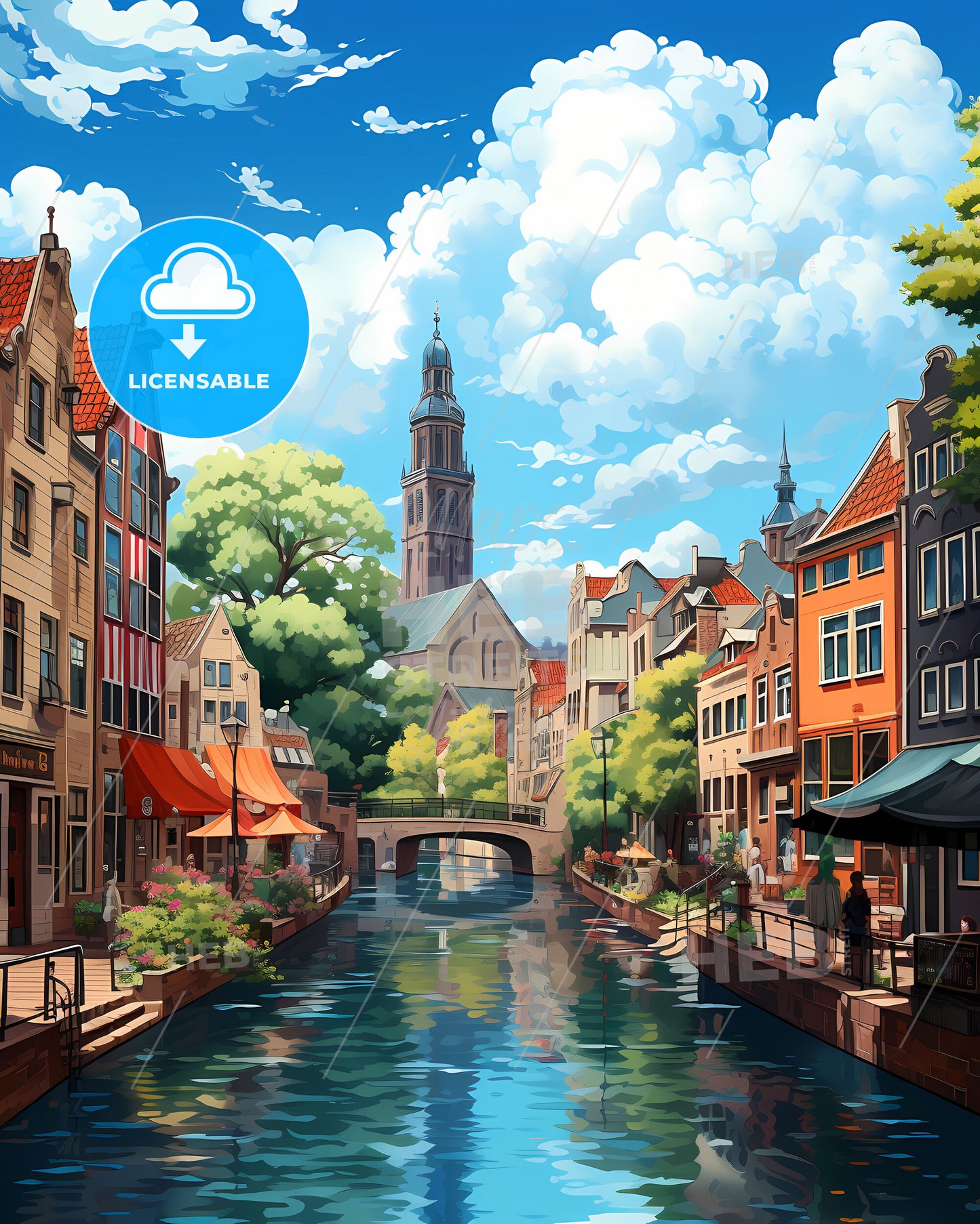 Utrecht, Netherlands, a river with a bridge and buildings