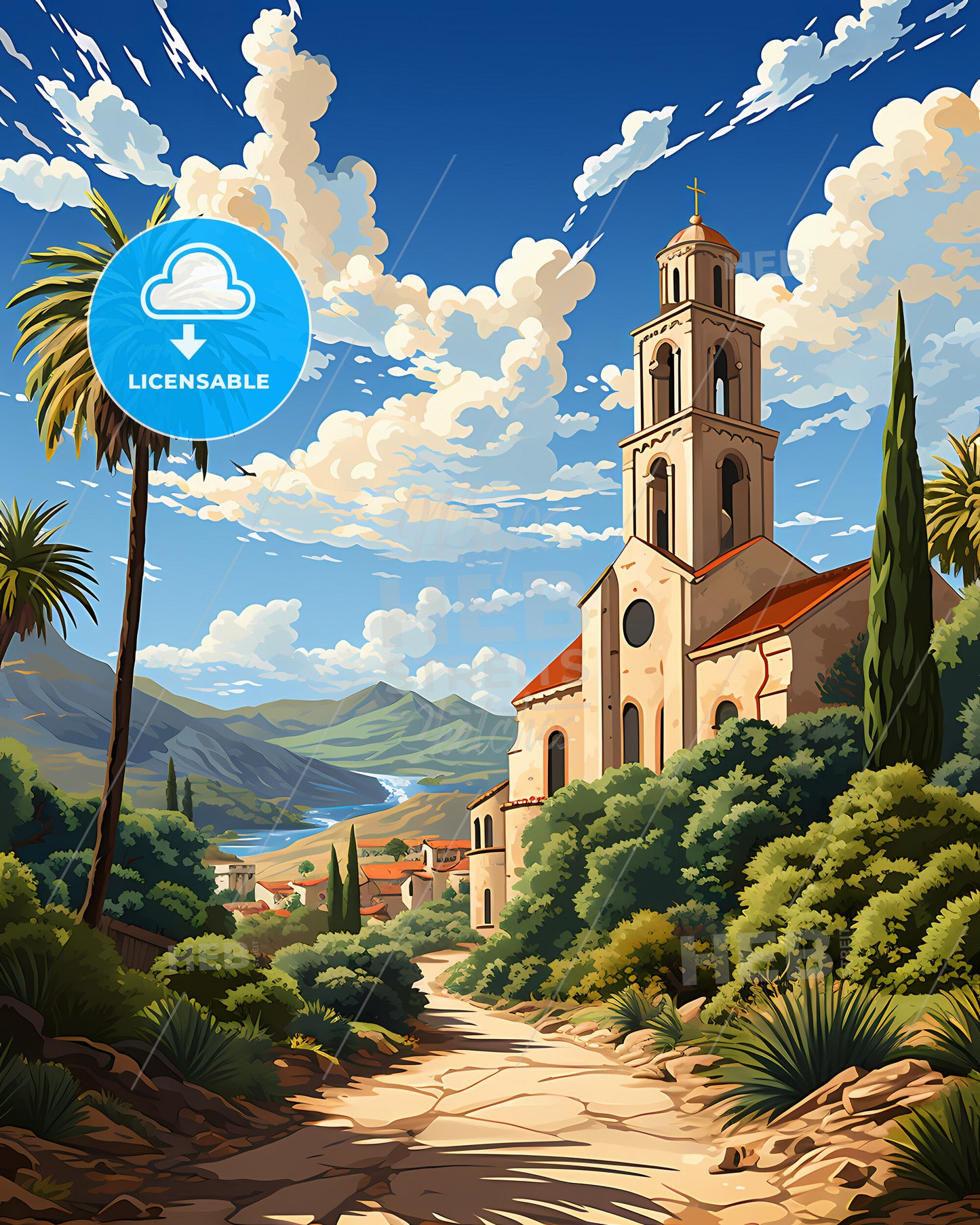 Redlands, California, a church with a steeple and trees