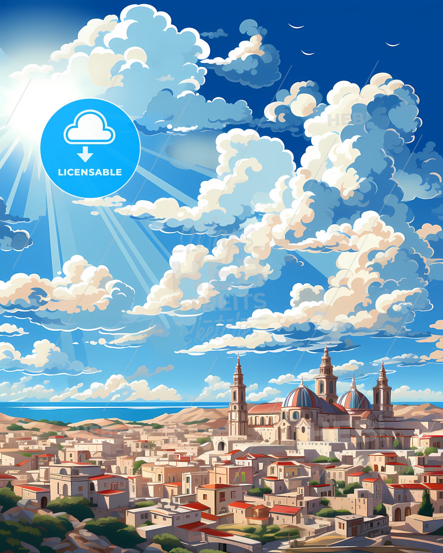 Elche, Spain, a city with a building and a blue sky with clouds