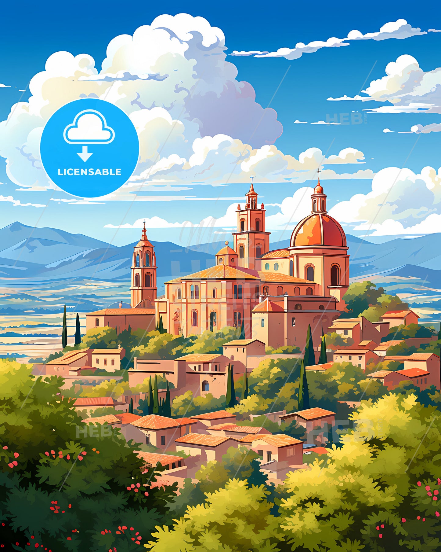 Marsala, Italy, a painting of a town with a red roof