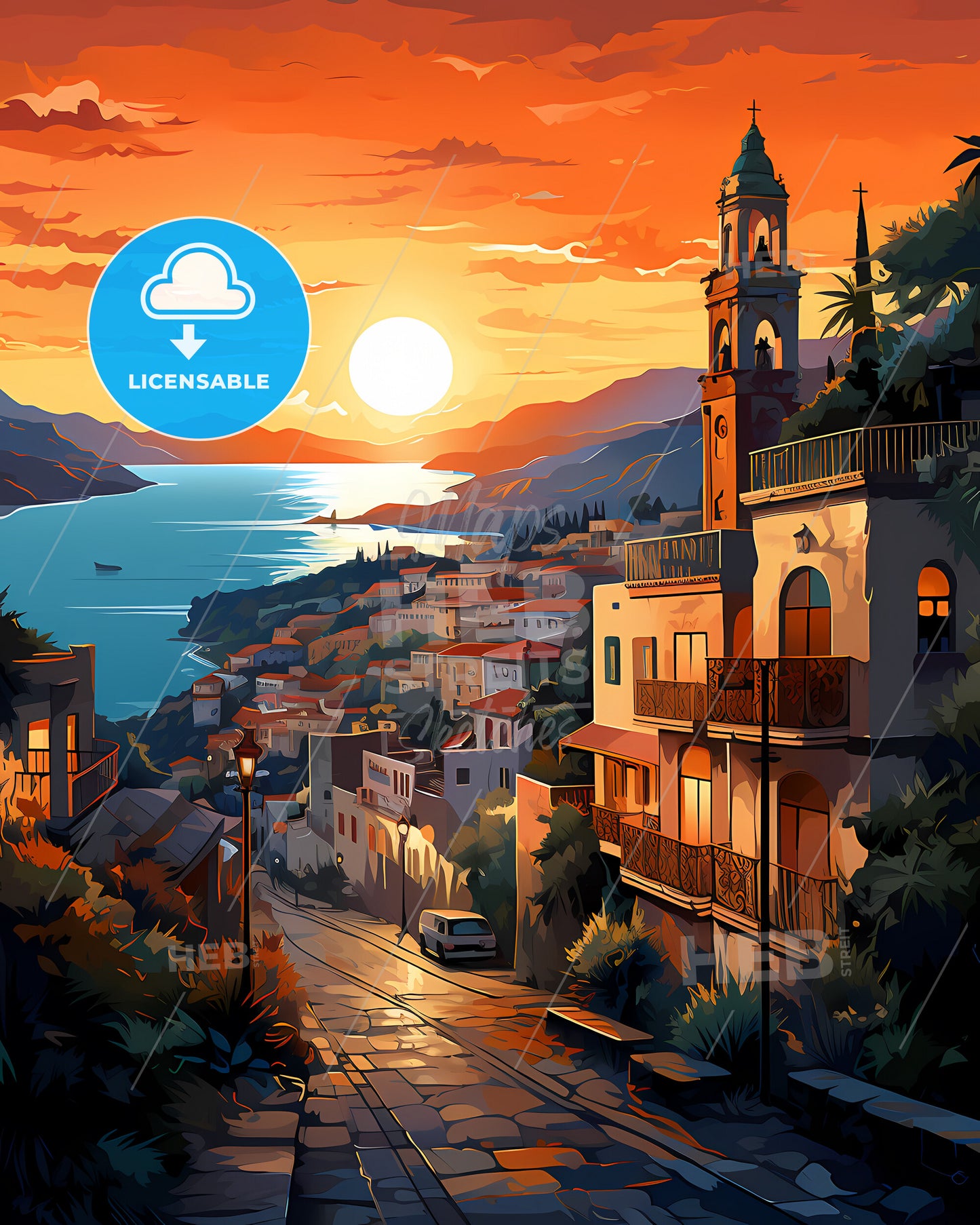 Mã¡Laga, Spain, a sunset over a town