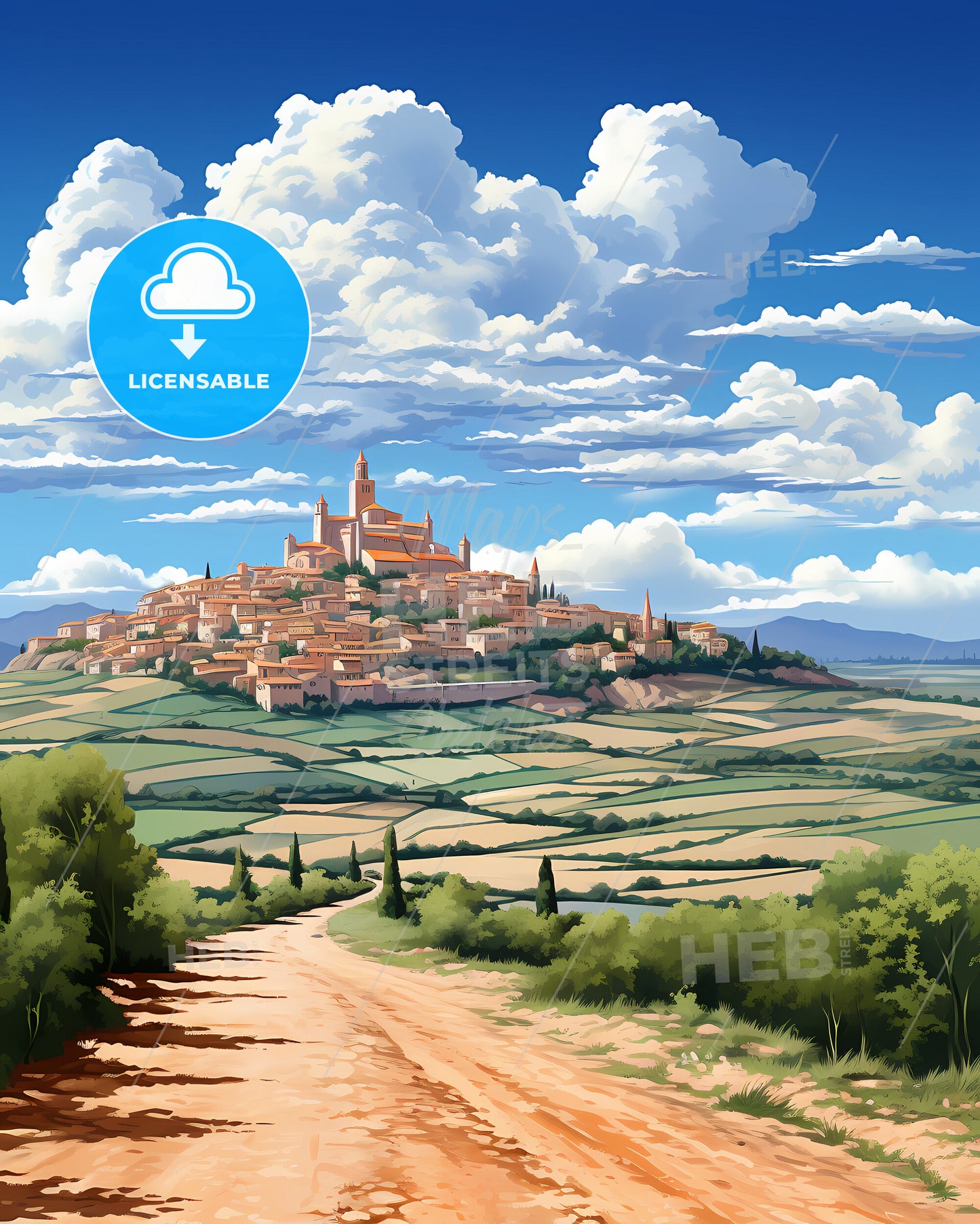 Rimini, Italy, a dirt road leading to a town on a hill