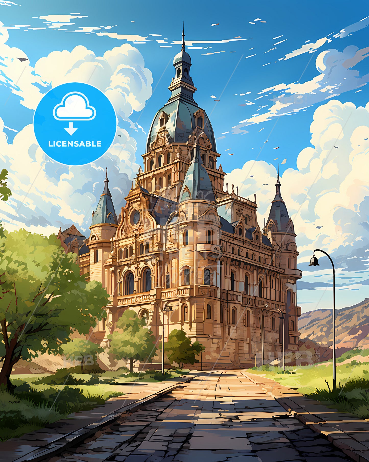 Iasi, Romania, a large stone building with a steeple and trees