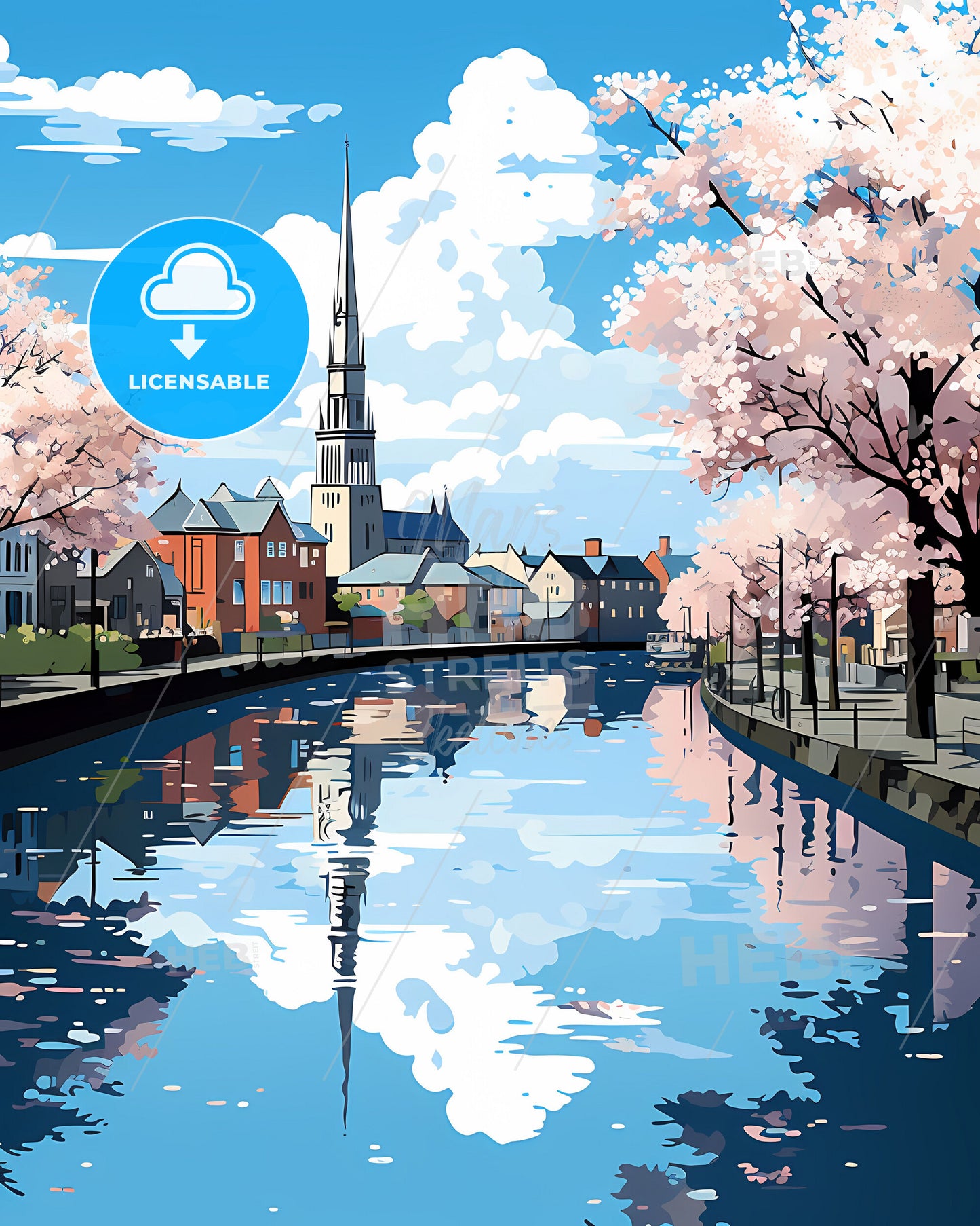 Tralee, County Kerry, a water canal with trees and buildings in the background