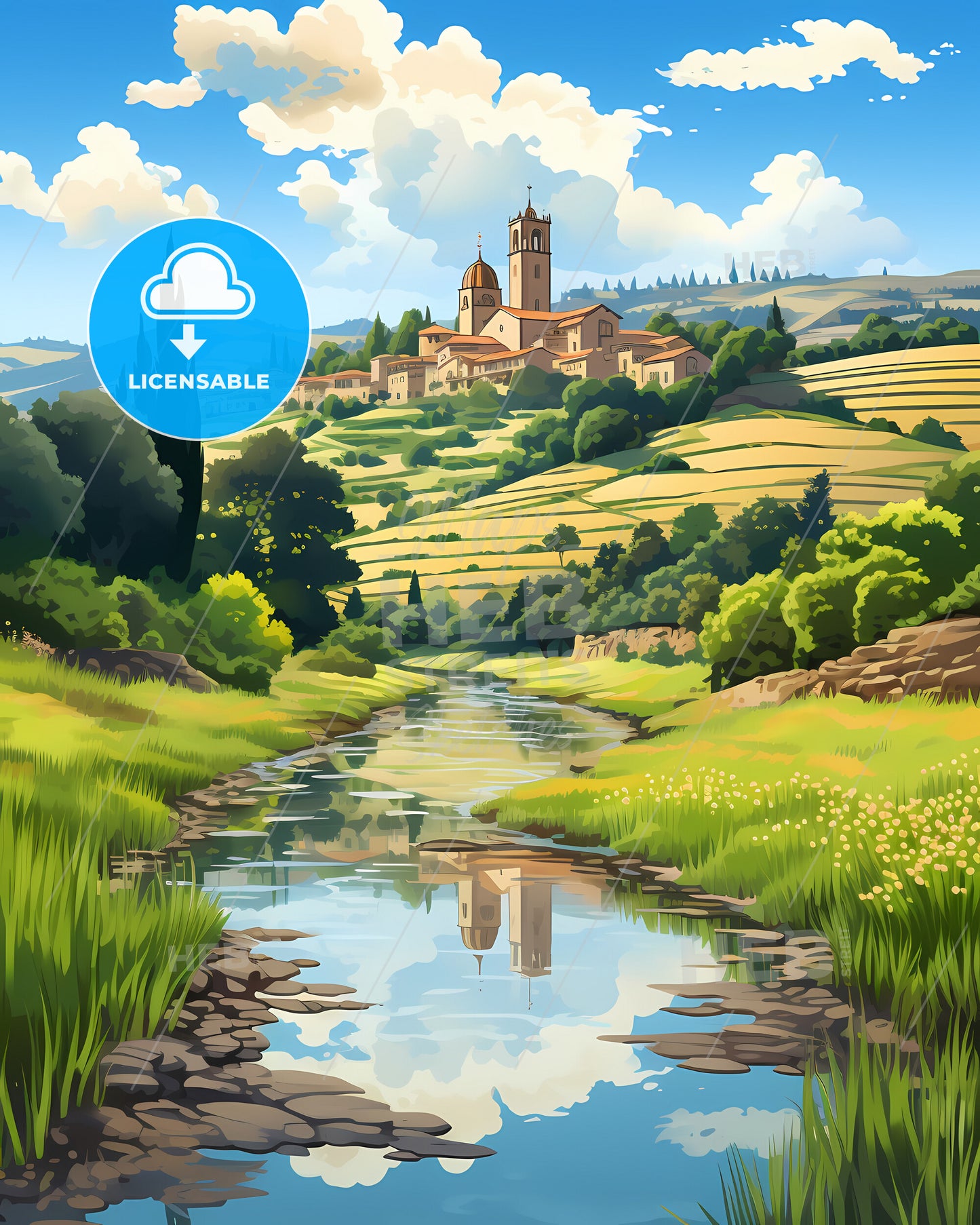 Guimaraes, Portugal, a river running through a valley with a building and trees