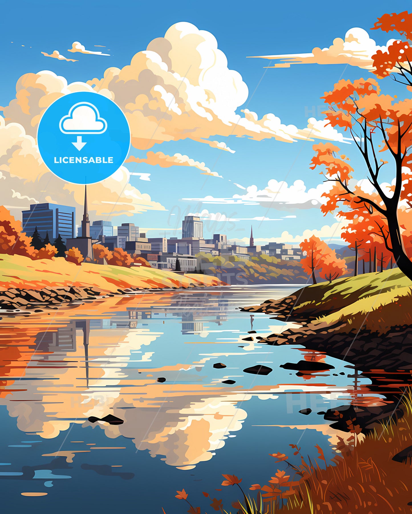 Fall River, Massachusetts, a river with trees and buildings in the background