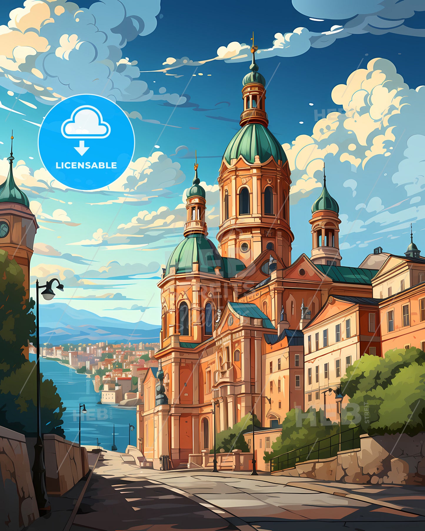 Stockholm, Sweden, a large building with towers and a river in the background