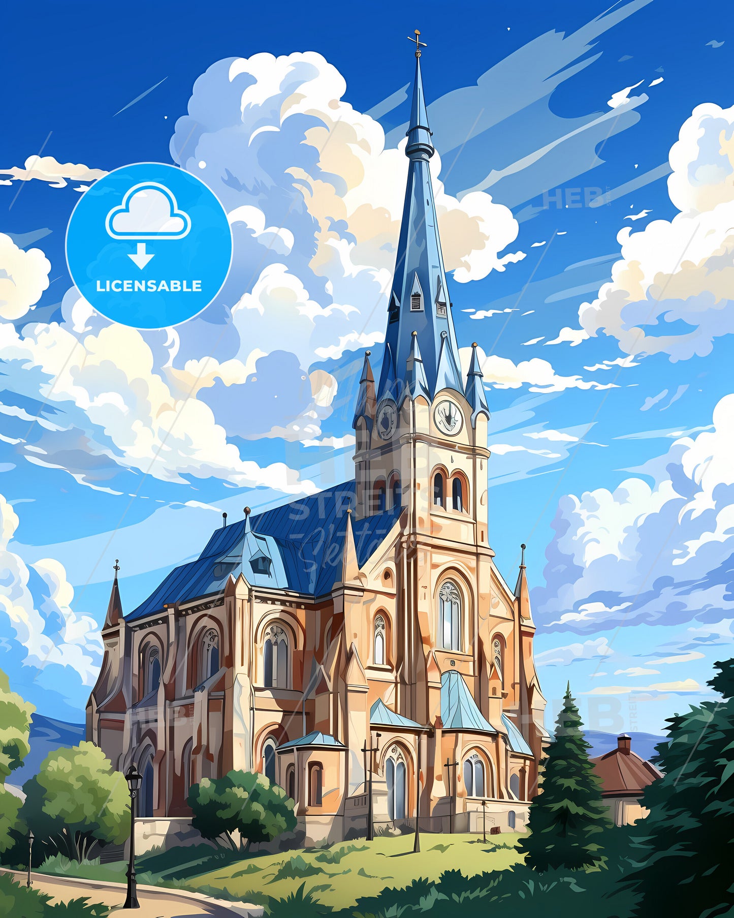 Iasi, Romania, a church with a steeple and trees