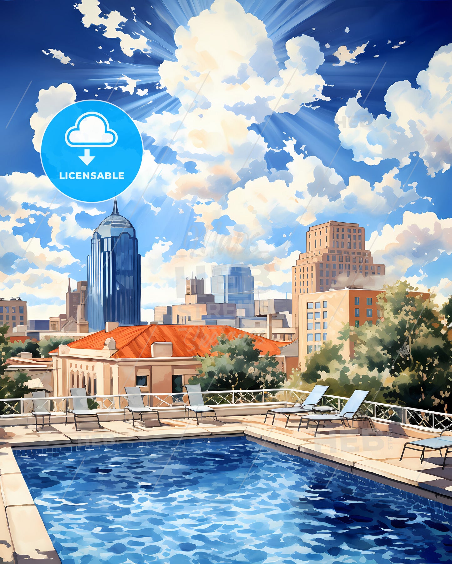 Richardson, Texas, a pool with chairs and trees in front of a city