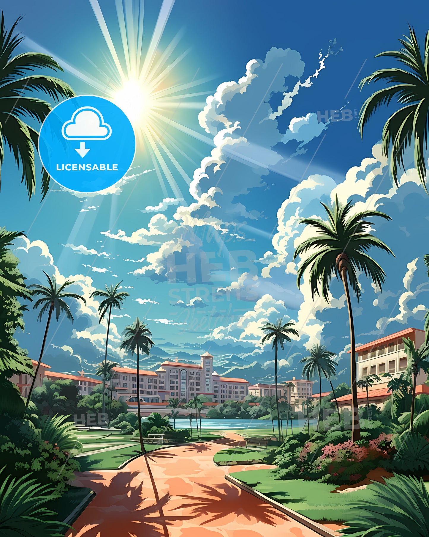 Miramar, Florida, a palm trees and buildings in a tropical area