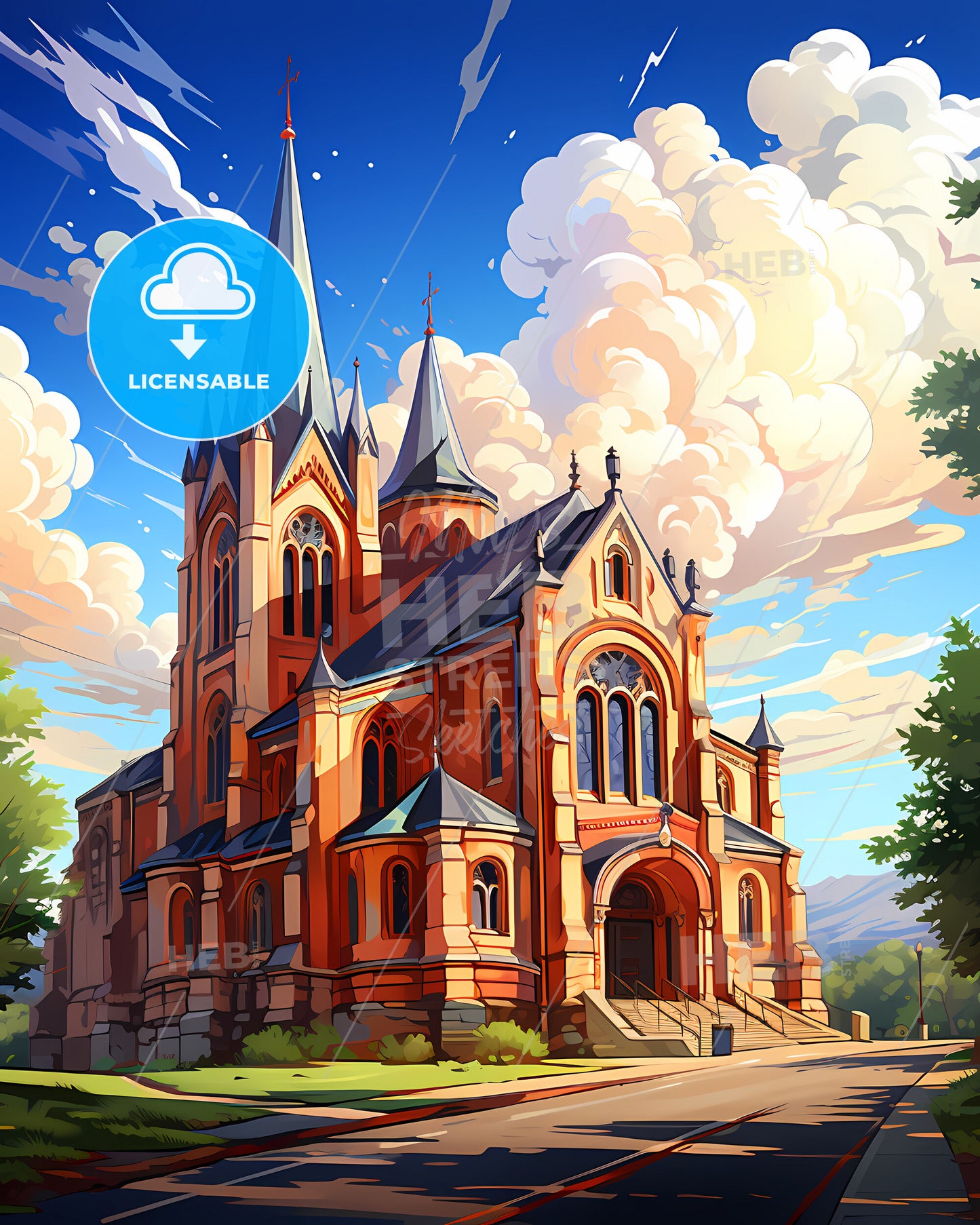 Cluj-Napoca, Romania, a building with a steeple and trees and clouds in the sky