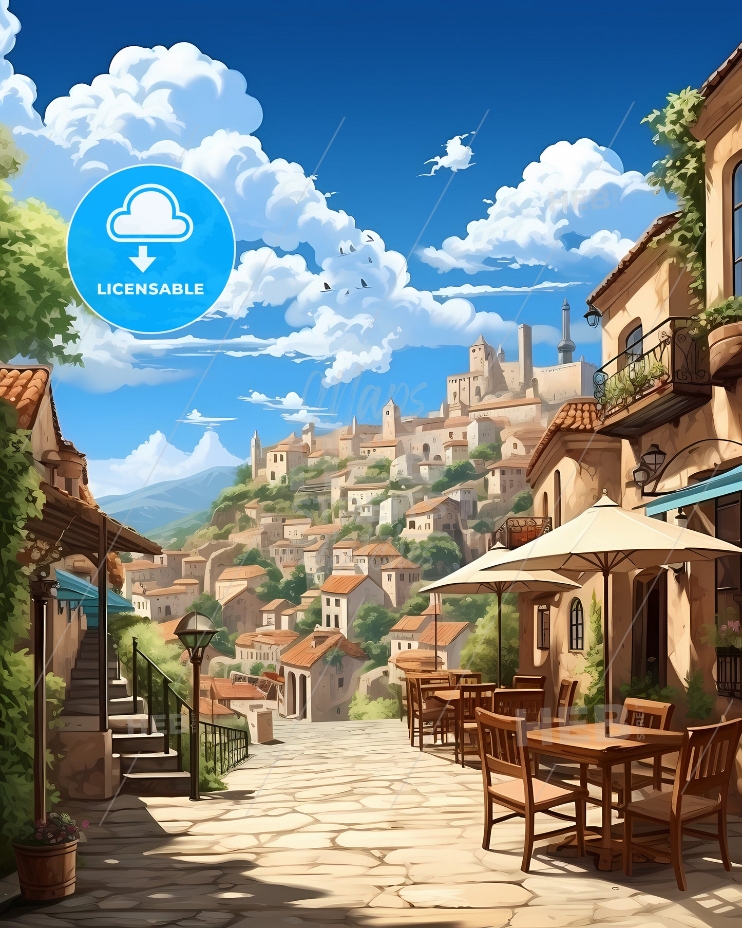 Mã¡Laga, Spain, a street with tables and chairs on a hill with buildings and trees