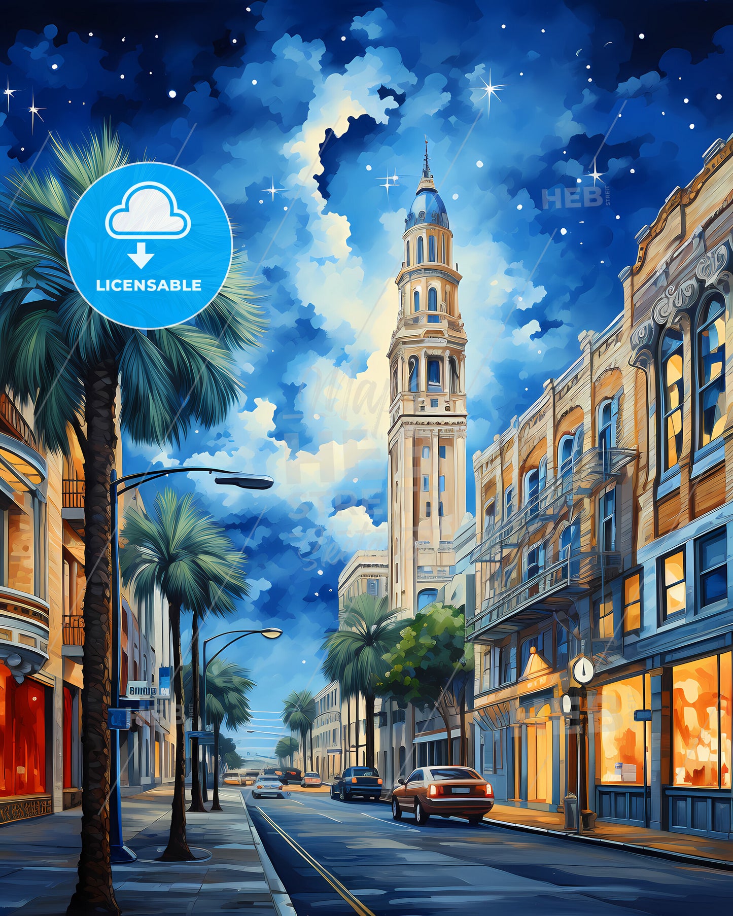 Chico, California, a street with palm trees and a tall tower