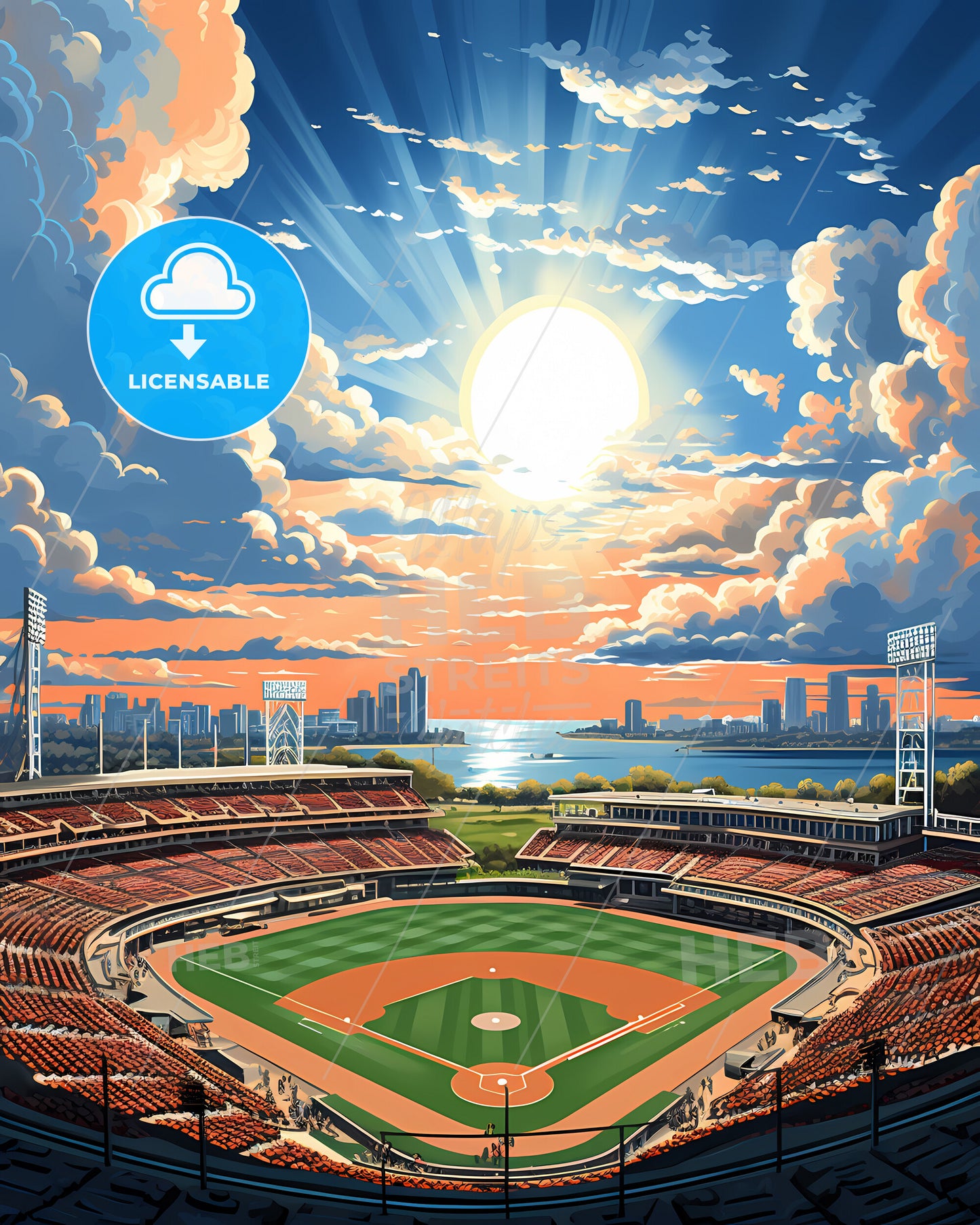 Costa Mesa, California, a baseball stadium with a city skyline and clouds