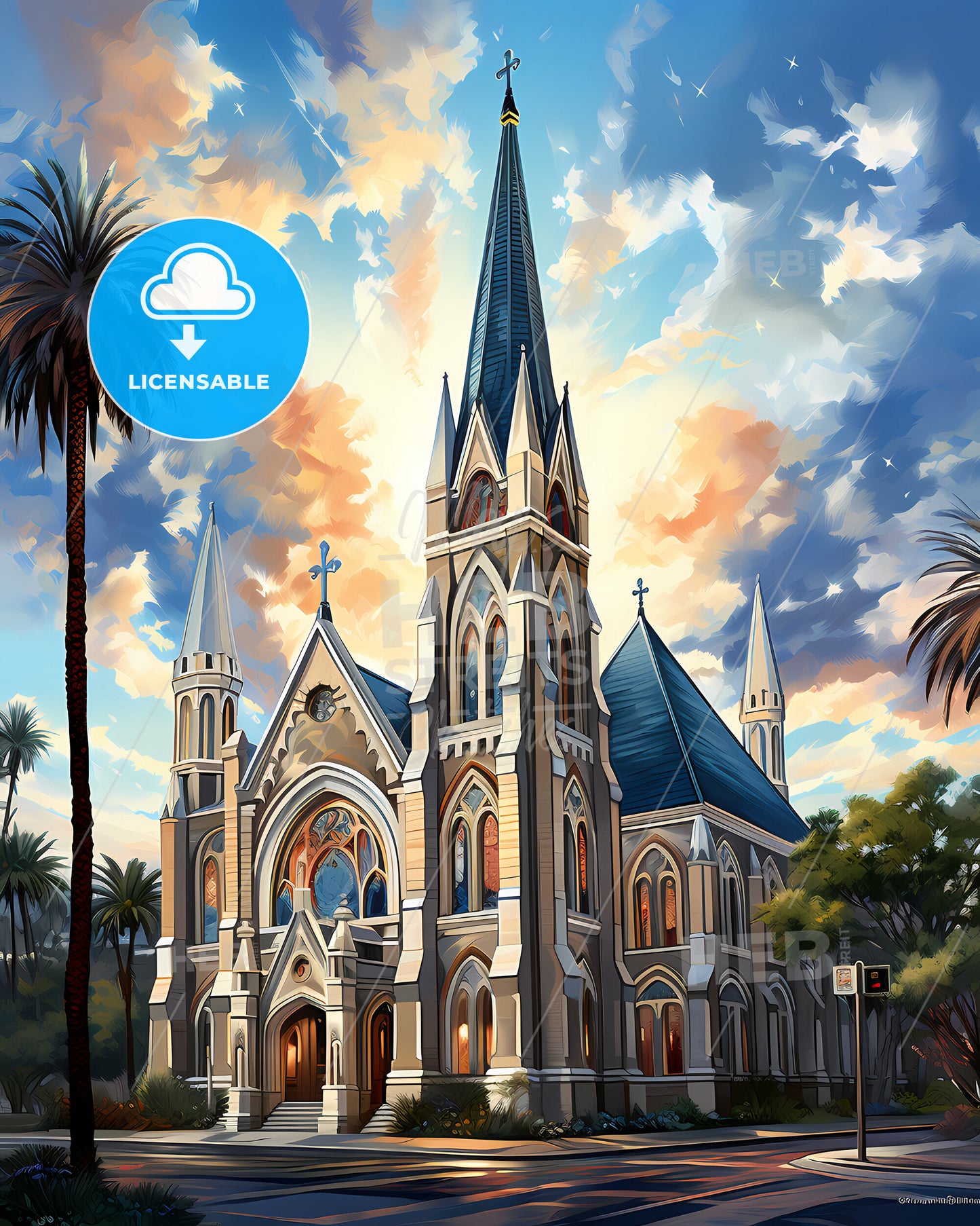 Chico, California, a church with palm trees and a blue sky