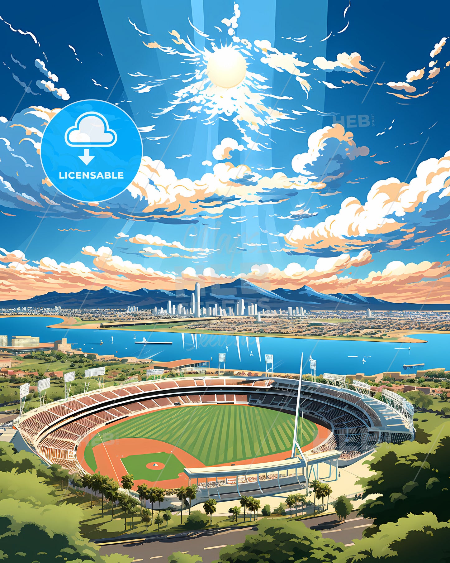 Miramar, Florida, a baseball stadium with a body of water and a city in the background