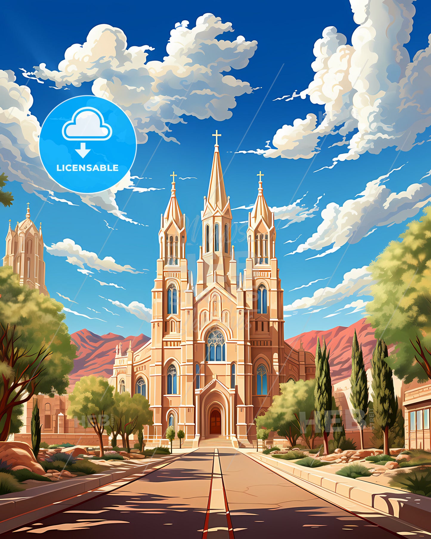 St. George, Utah, a large building with towers and trees