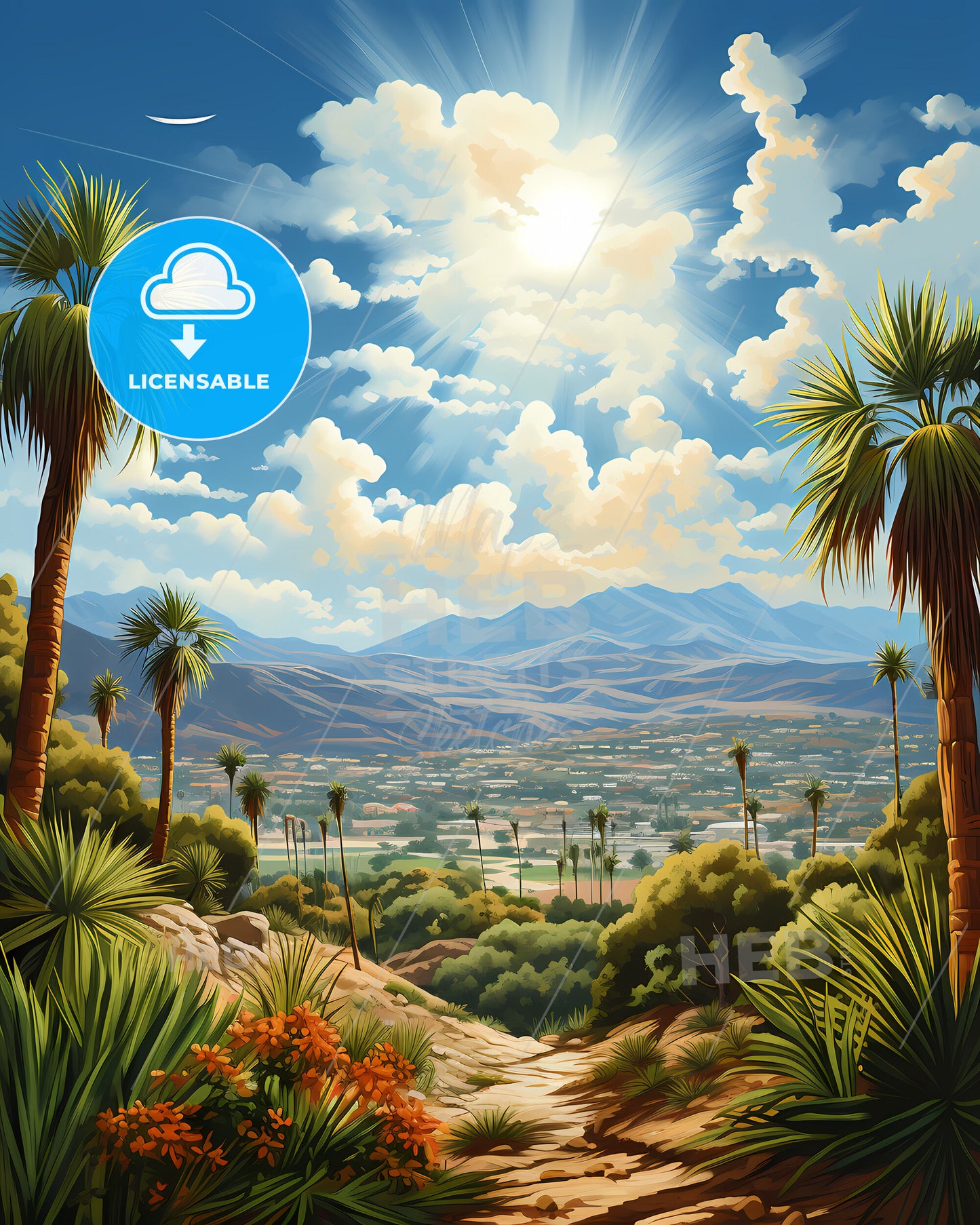 Pico Rivera, California, a landscape with palm trees and mountains