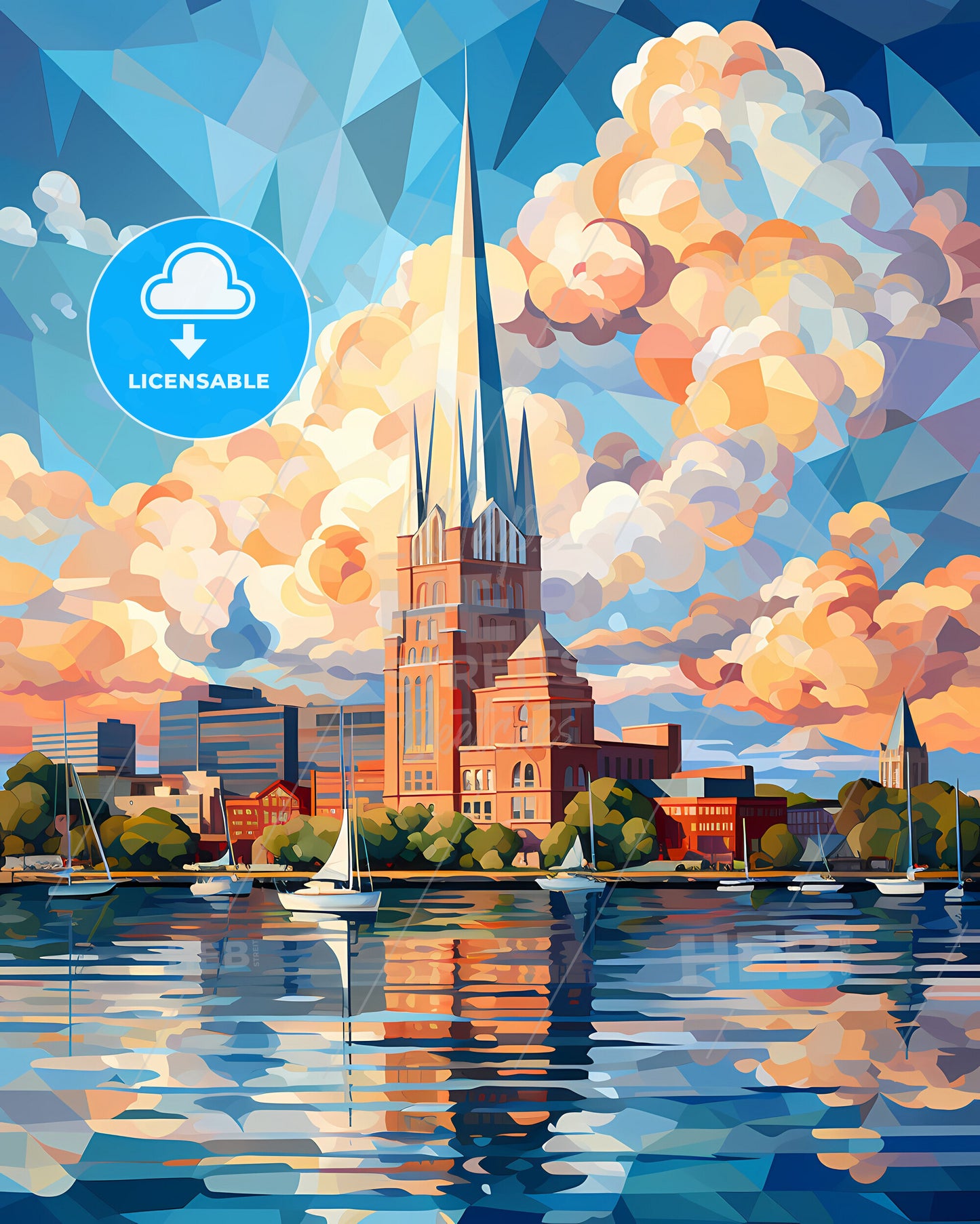 Warwick, Rhode Island, a painting of a building with a tall spire and sailboats on the water