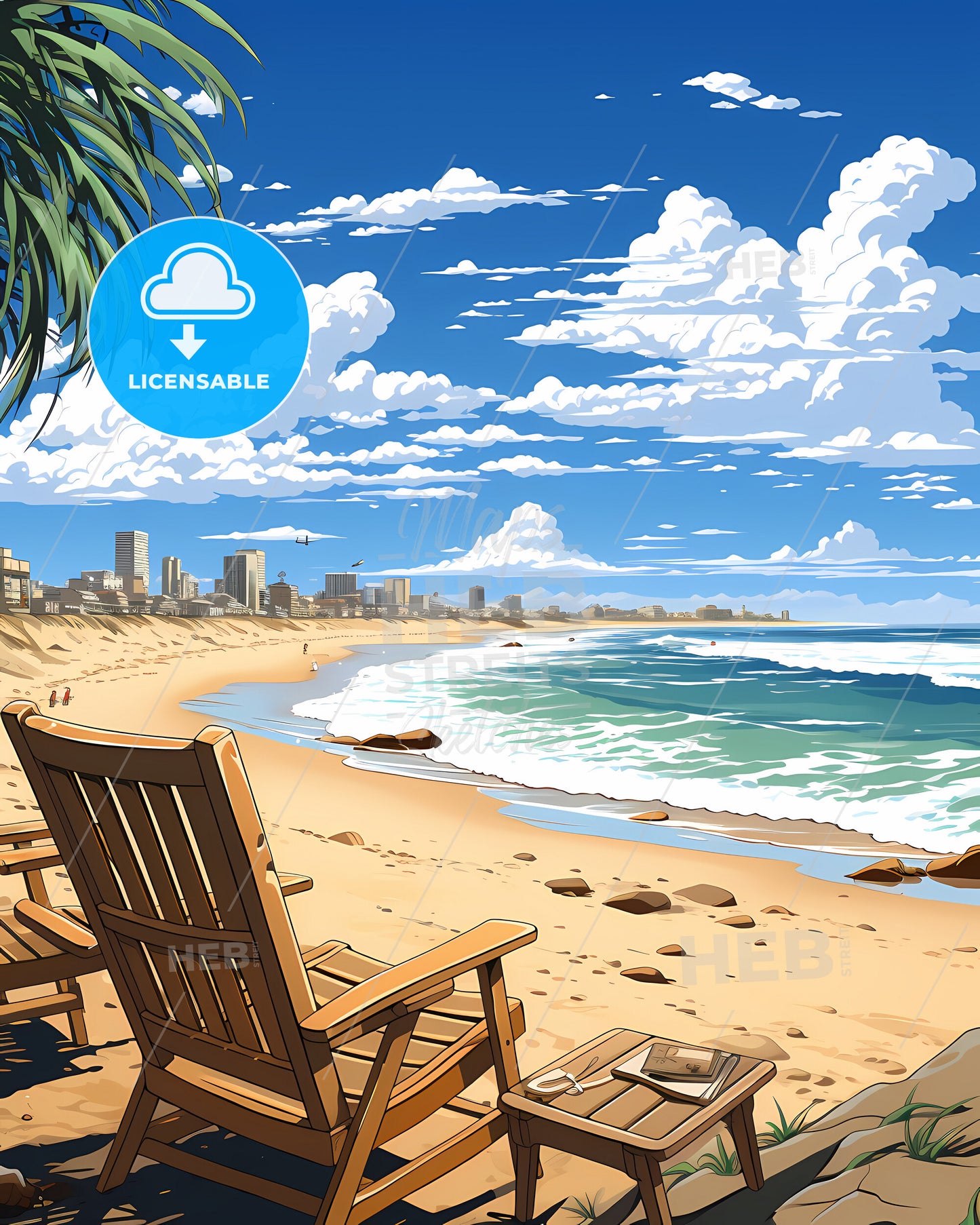 Huntington Beach, California, a beach with chairs and palm trees