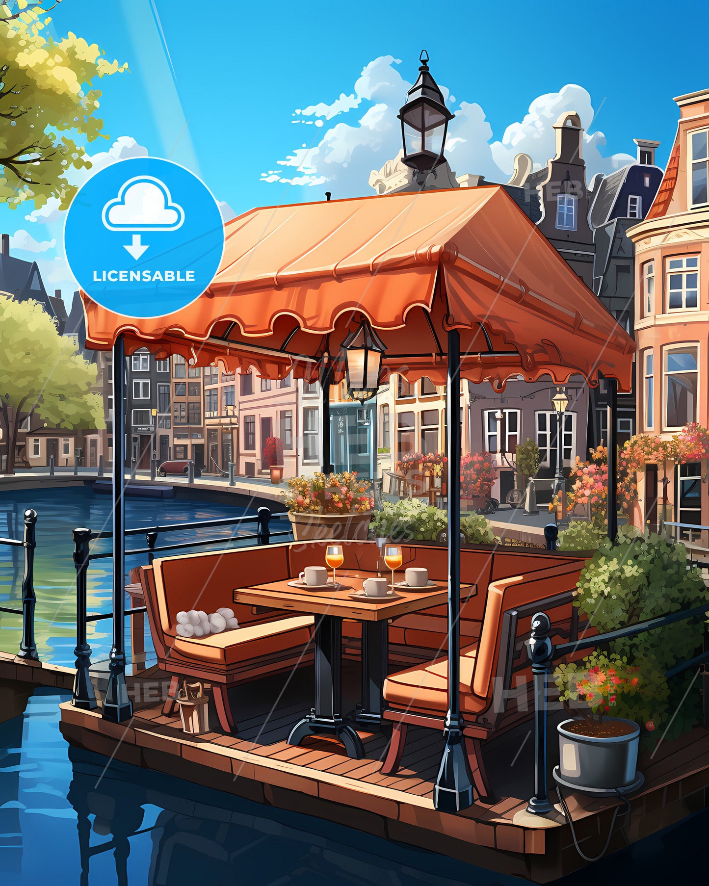 Alphen Aan Den Rijn, Netherlands, a table and chairs on a dock by a river