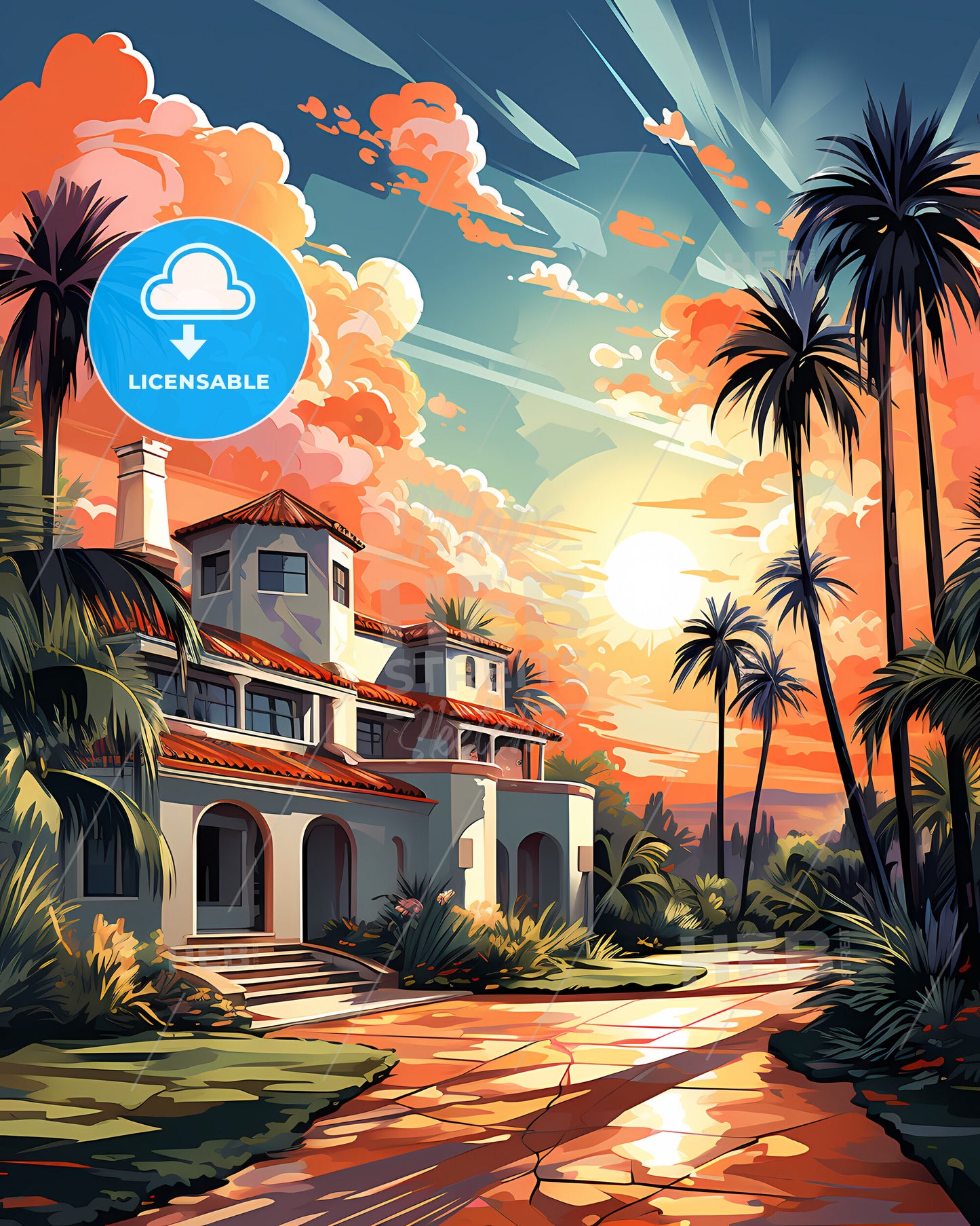 Plantation, Florida, a house with palm trees and a sunset