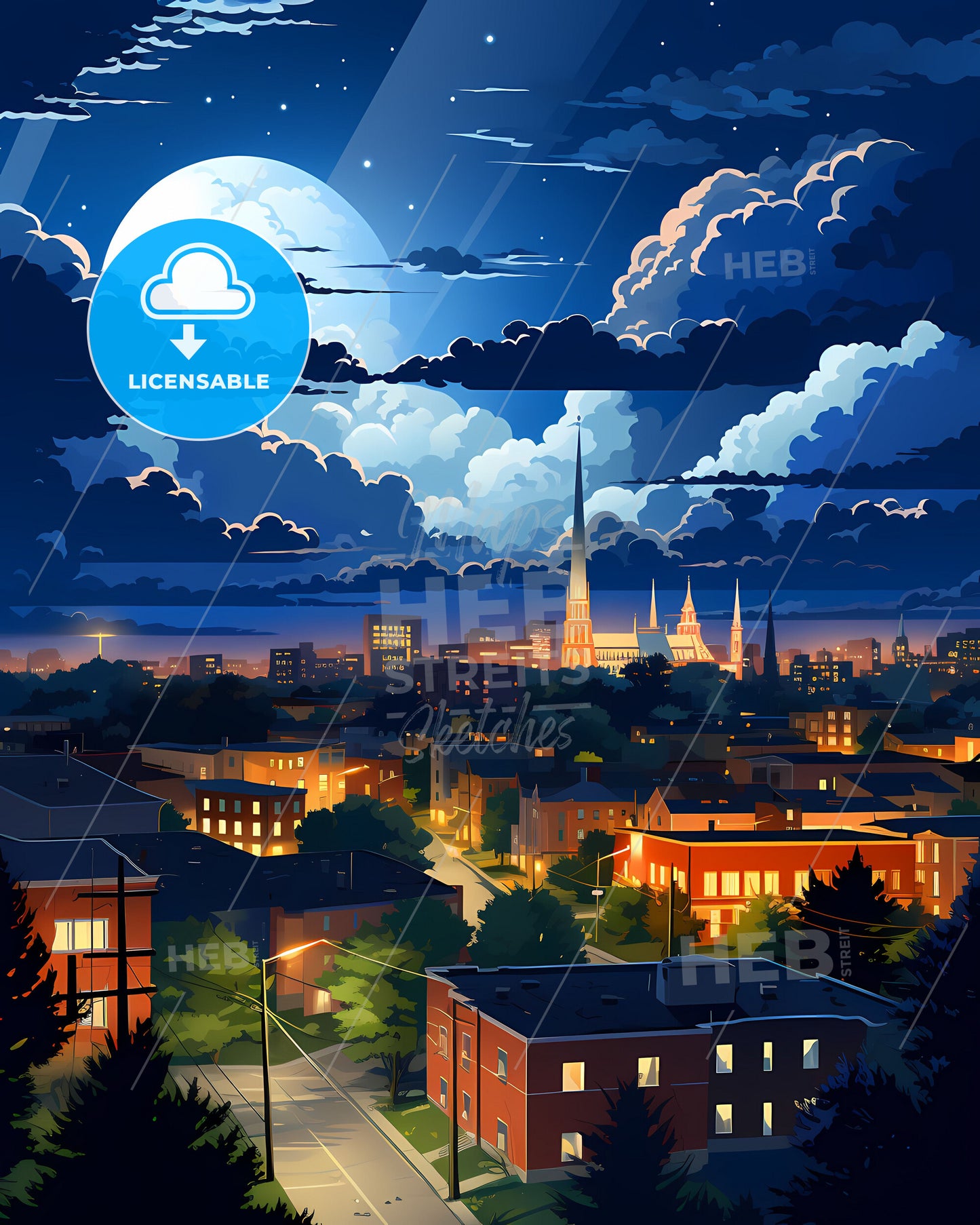 Terre Haute, Indiana, a city at night with a moon in the sky