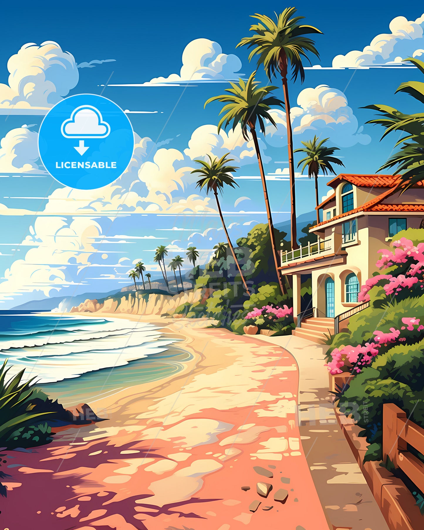 Encinitas, California, a beach with a house and palm trees