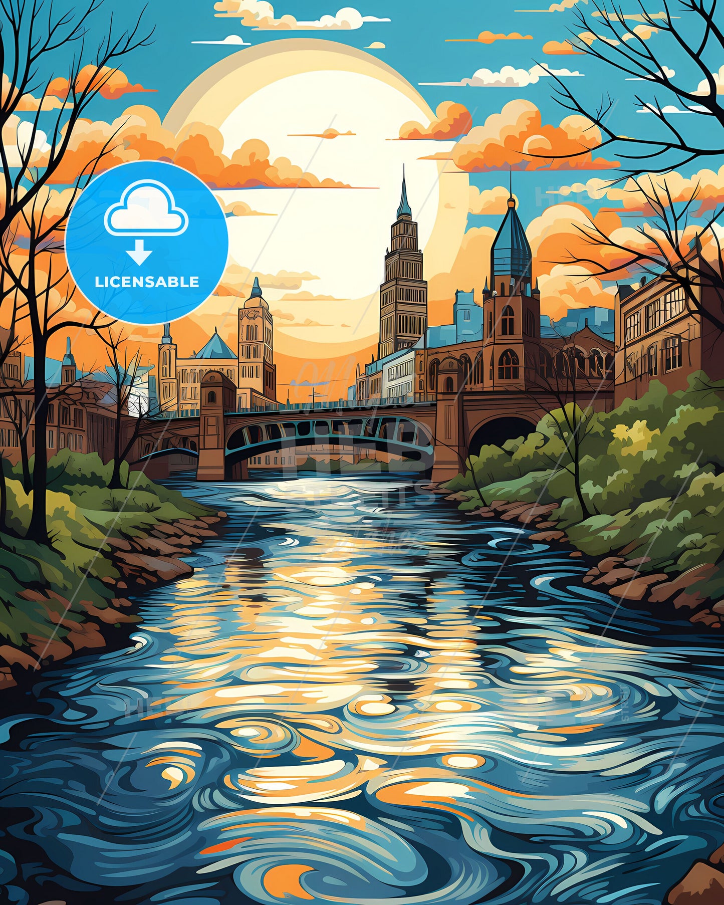 Youngstown, Ohio, a river with a bridge and trees and a city with a sunset